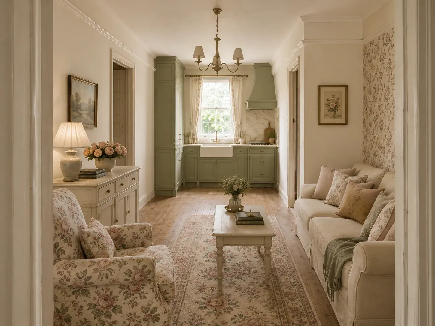 Living room styled in cottage and country with painted joinery, vintage timber, soft florals and accumulated textiles