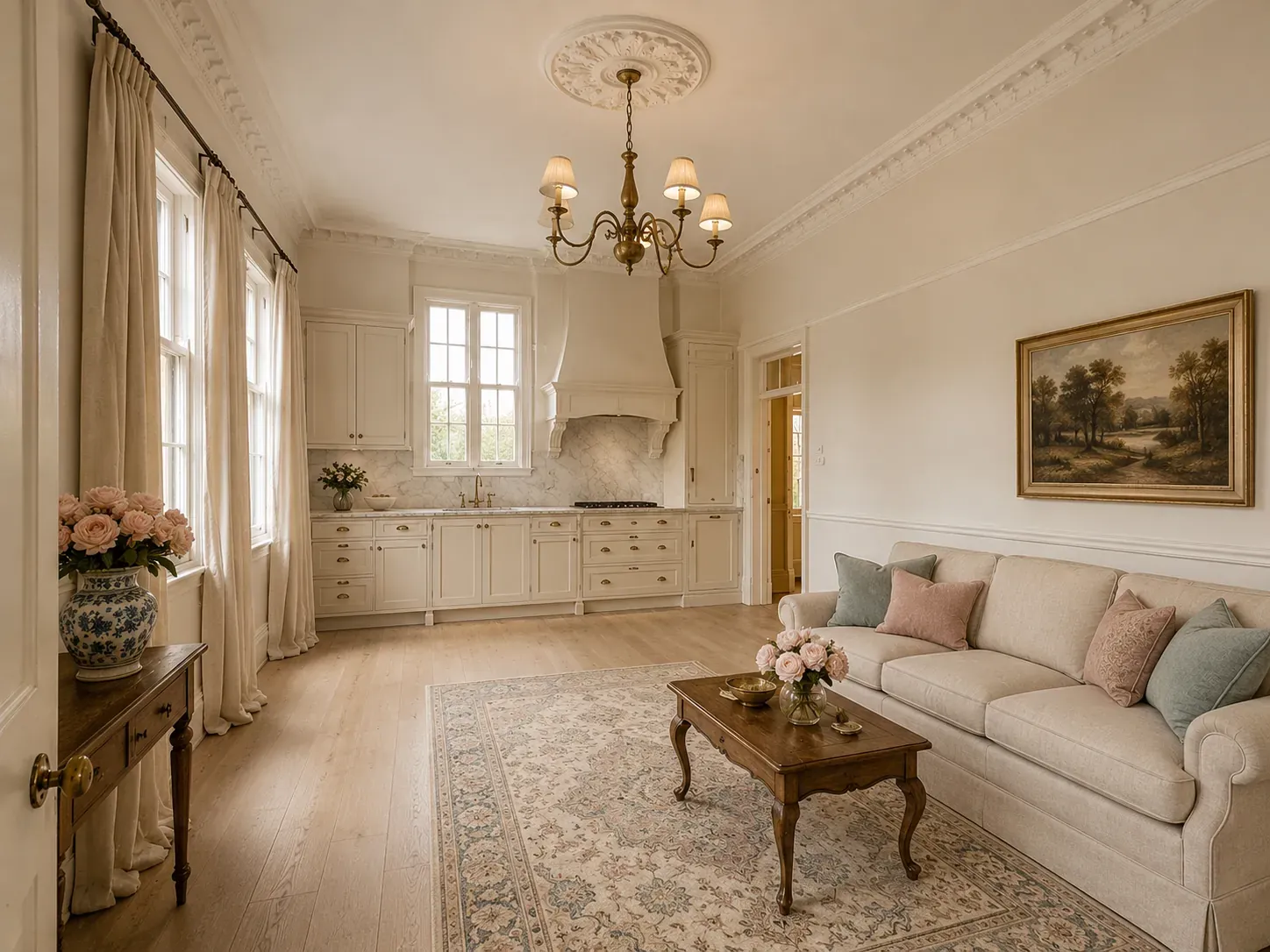 Living room styled in French Provincial with warm creams, curved joinery, limewashed oak and soft provincial accents