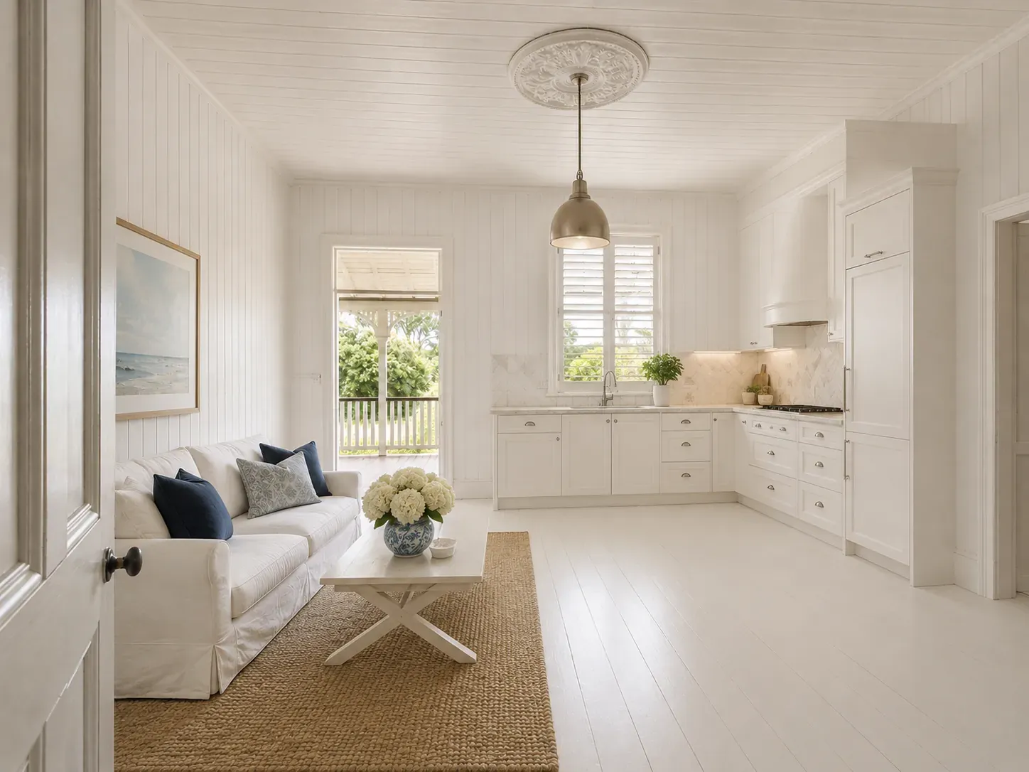 Australian living room styled in Hamptons with white shaker joinery, VJ panelling, coastal blues and light oak