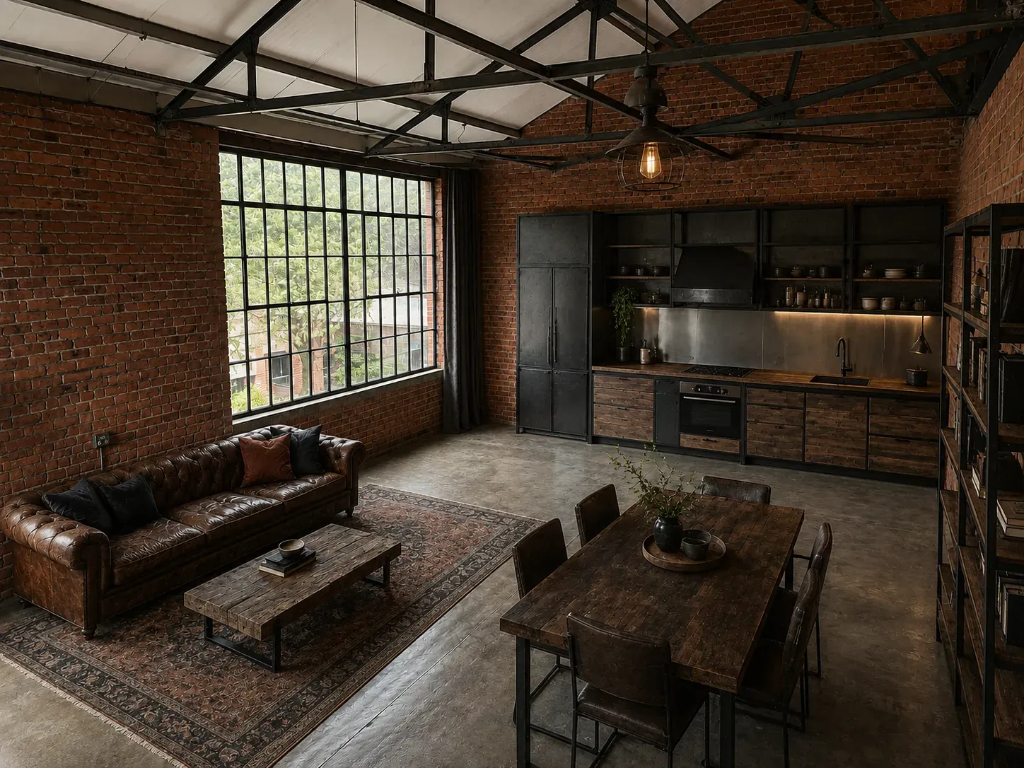 Living room styled in industrial loft with exposed brick, blackened steel, leather and raw timber