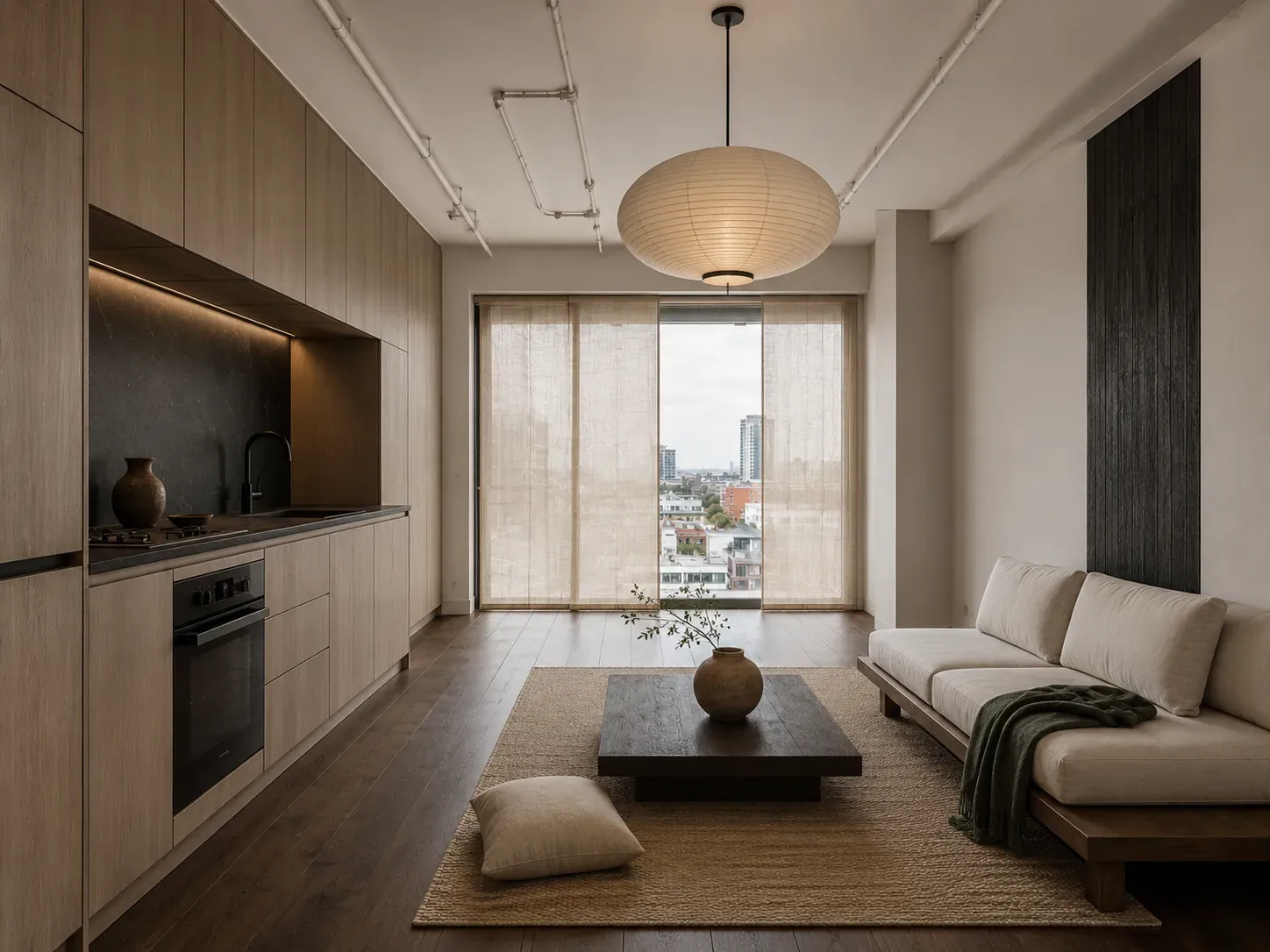 Living room styled in Japandi with walnut tones, restrained surfaces, hand-thrown ceramics and calm minimal layering