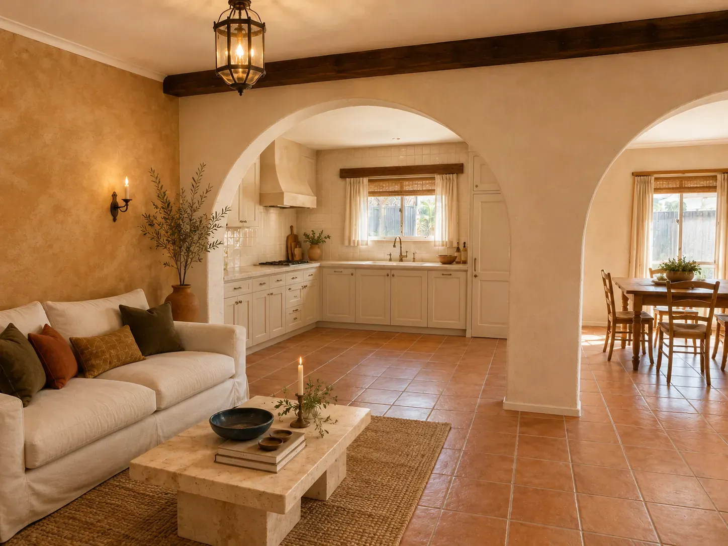 Living room styled in Mediterranean with terracotta, travertine, limewash walls and wrought-iron detailing