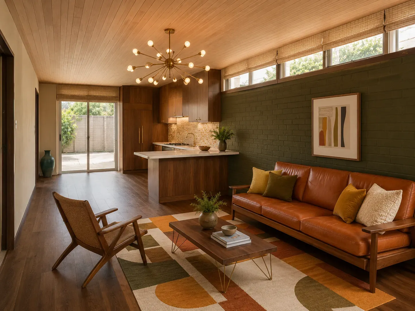 Living room styled in mid-century modern with walnut and teak, low-slung furniture and bold accent colours