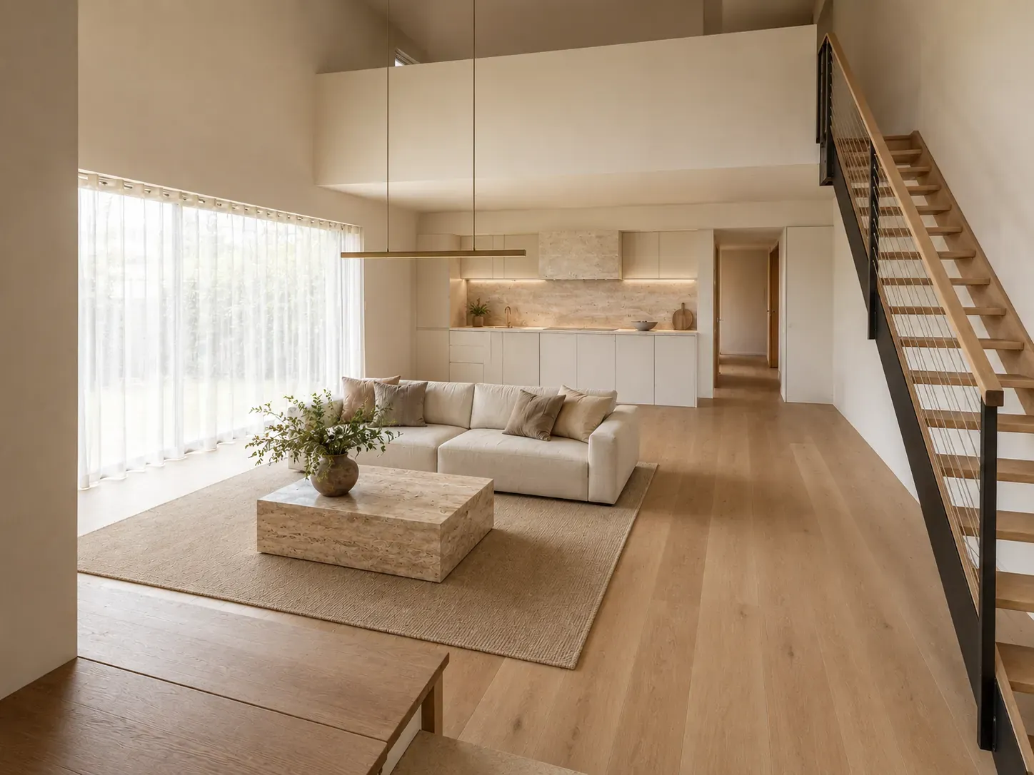 Living room styled in warm modern with clean lines, oak and travertine, brushed brass and uncluttered surfaces