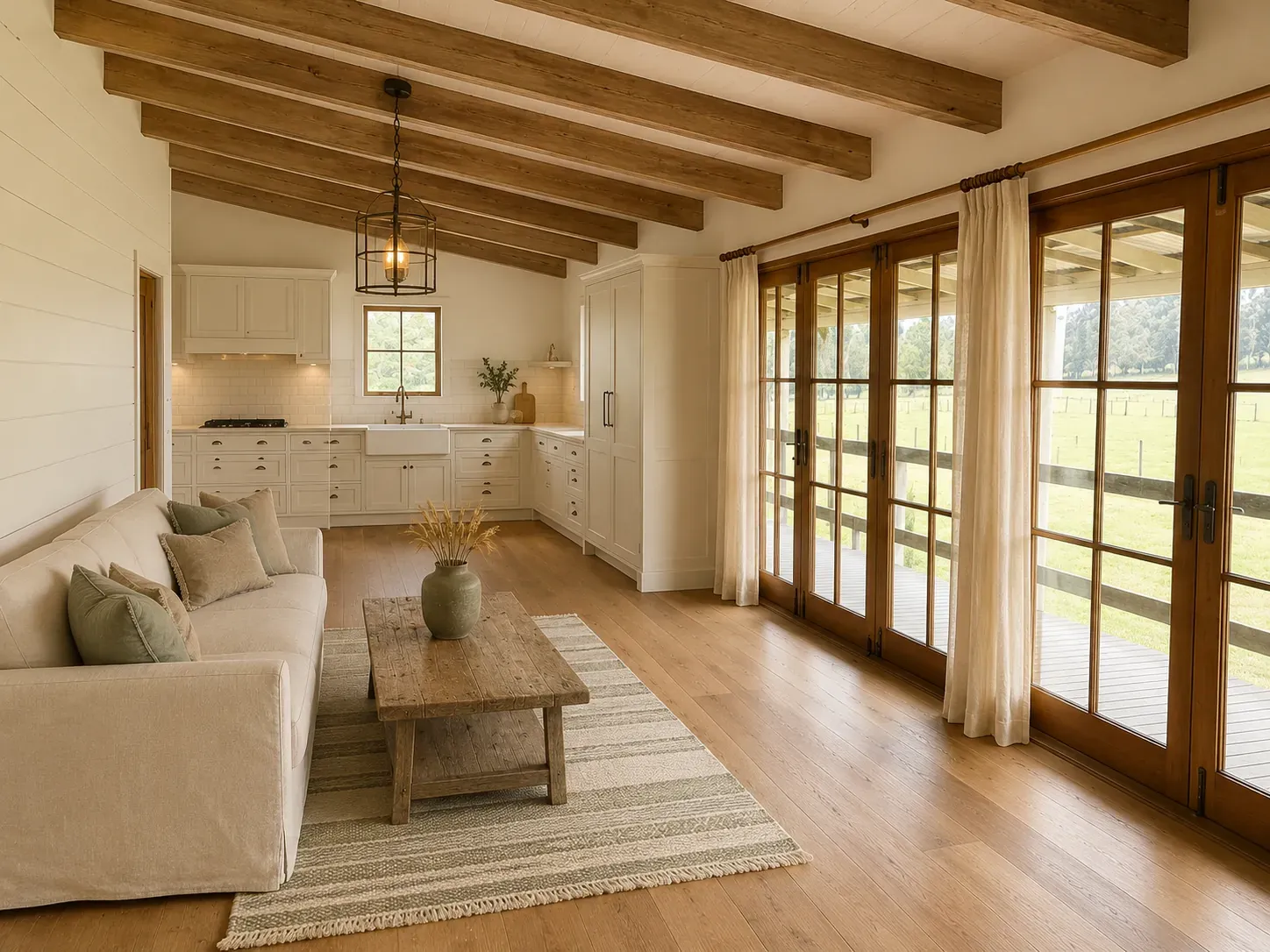 Living room styled in modern farmhouse with shaker joinery, exposed timber beams and honest country detail
