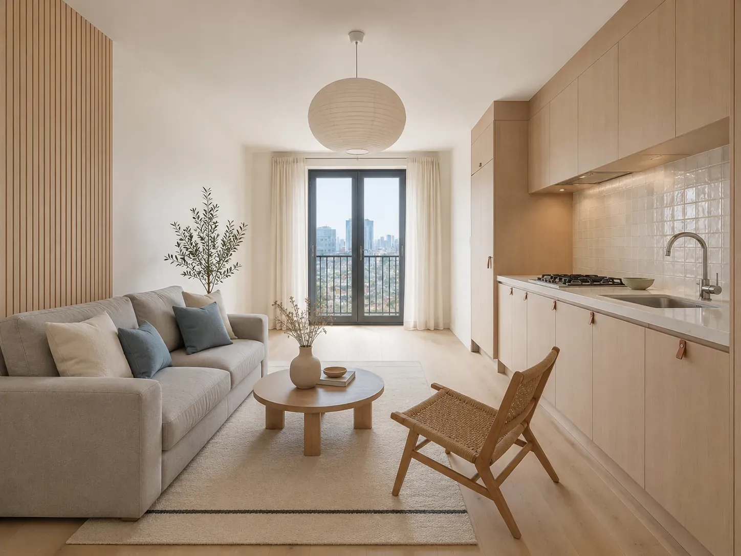 Living room styled in warm Scandinavian with pale oak, soft textiles, layered lighting and hygge comfort