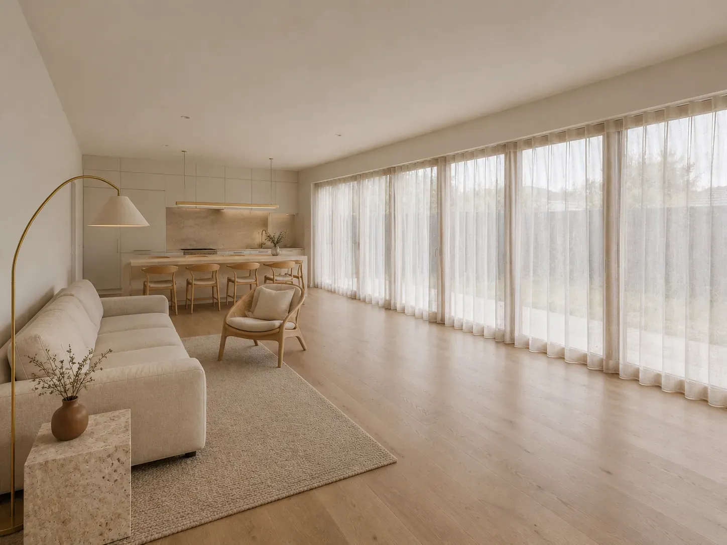 Living room styled in warm minimalism with off-white walls, oak, travertine, linen and restrained edited surfaces