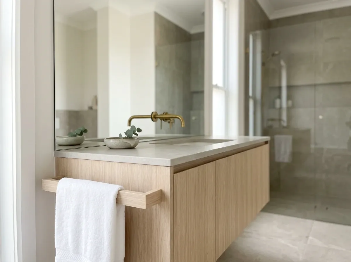 Campaign-ready Australian bathroom vanity with cleared benchtop, folded white towel on the rail and no personal toiletries