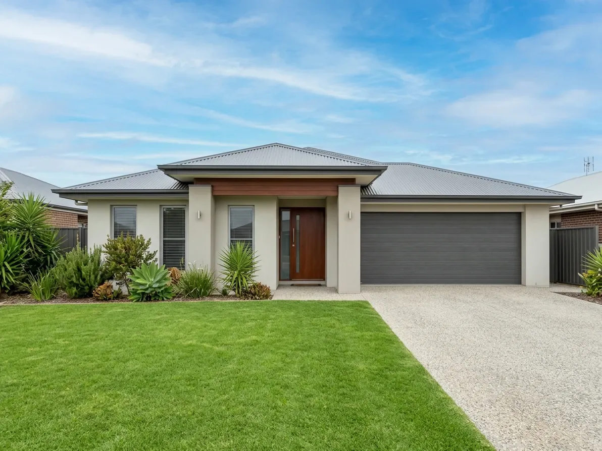 Professionally edited Australian suburban home exterior with clean sky, healthy lawn and straight verticals