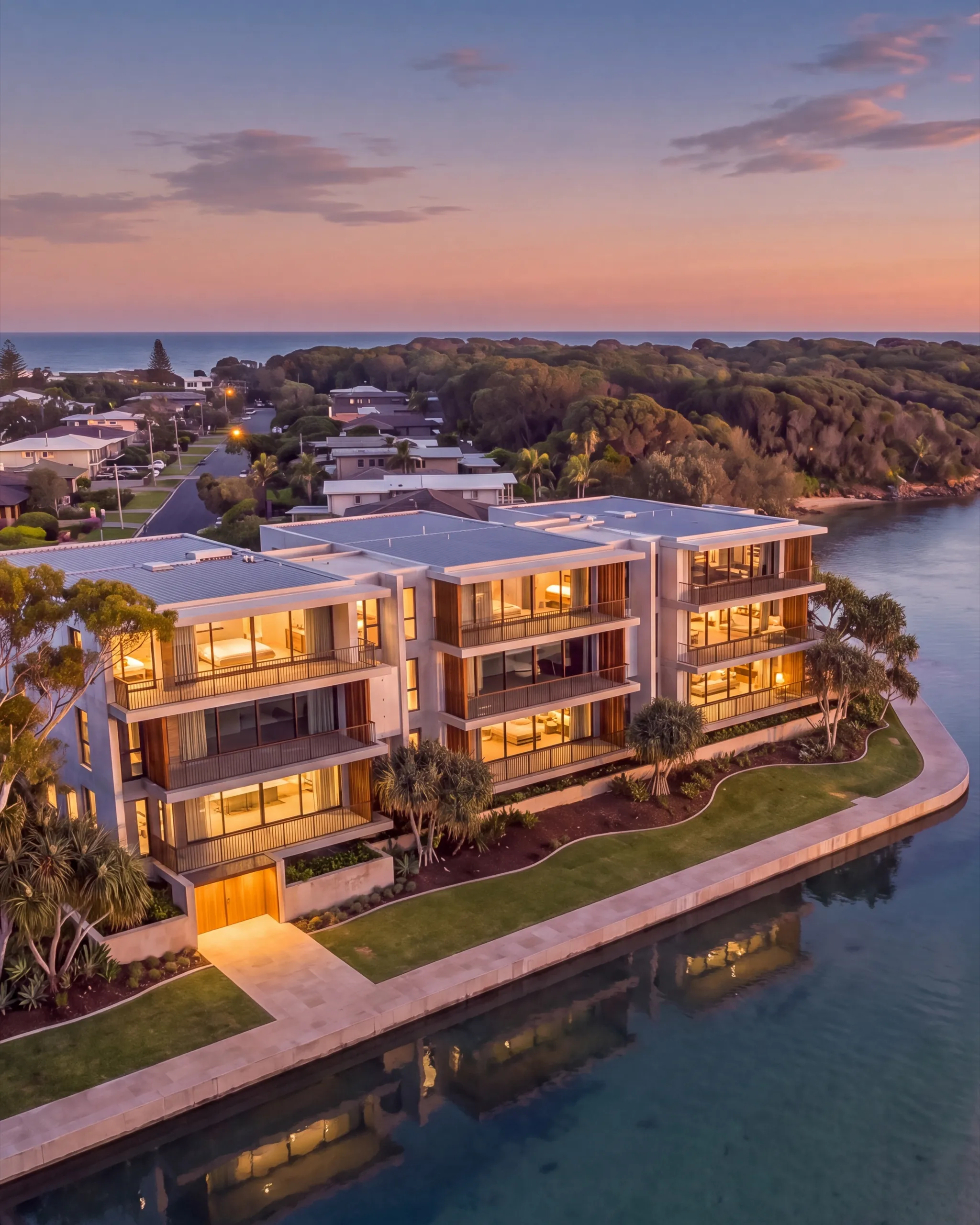 Carousel tile four: dusk aerial of the building on the creek mouth, the headland and surf beach beyond