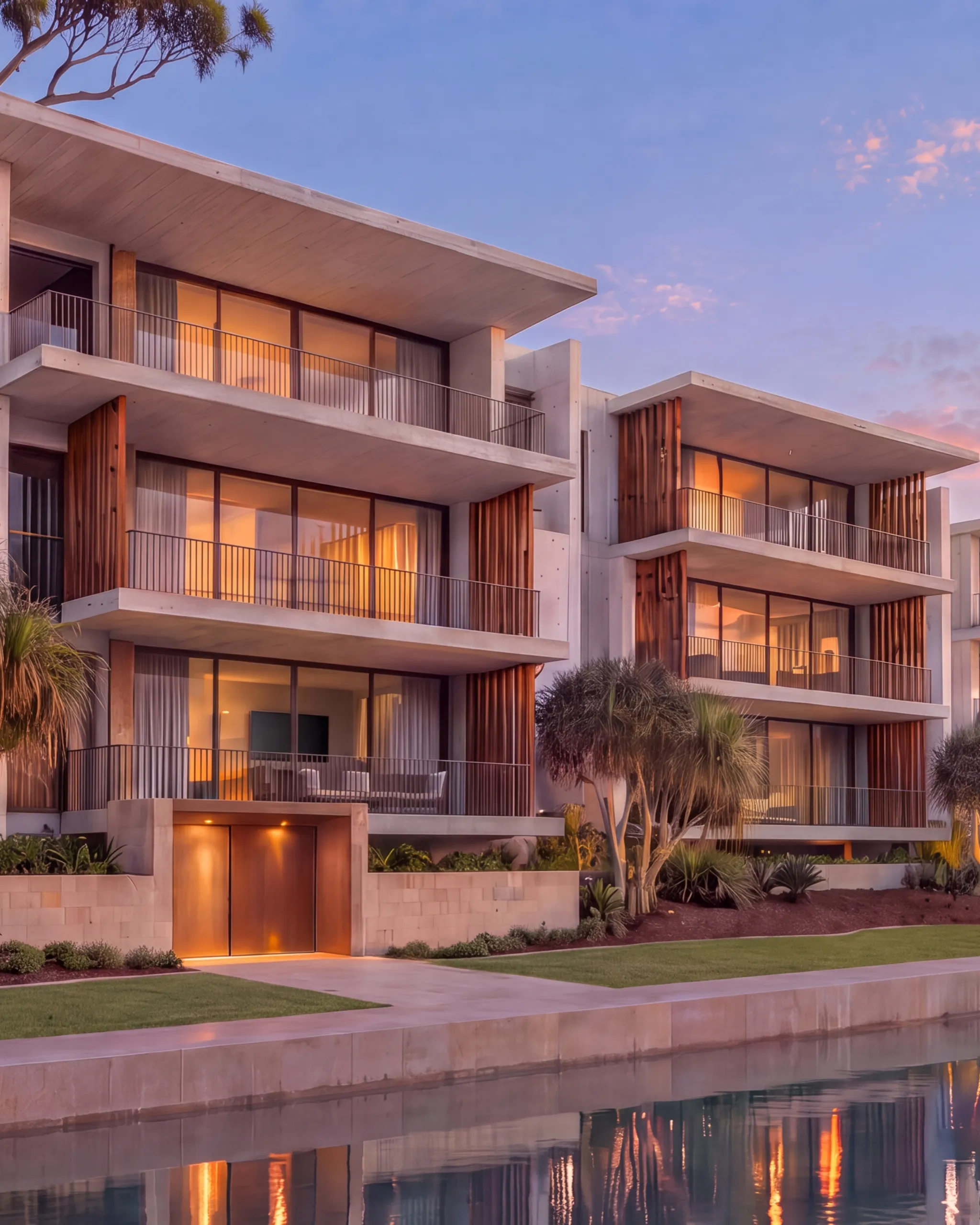 Carousel tile one: the building from the promenade at dusk, apartments lit warm above the creek