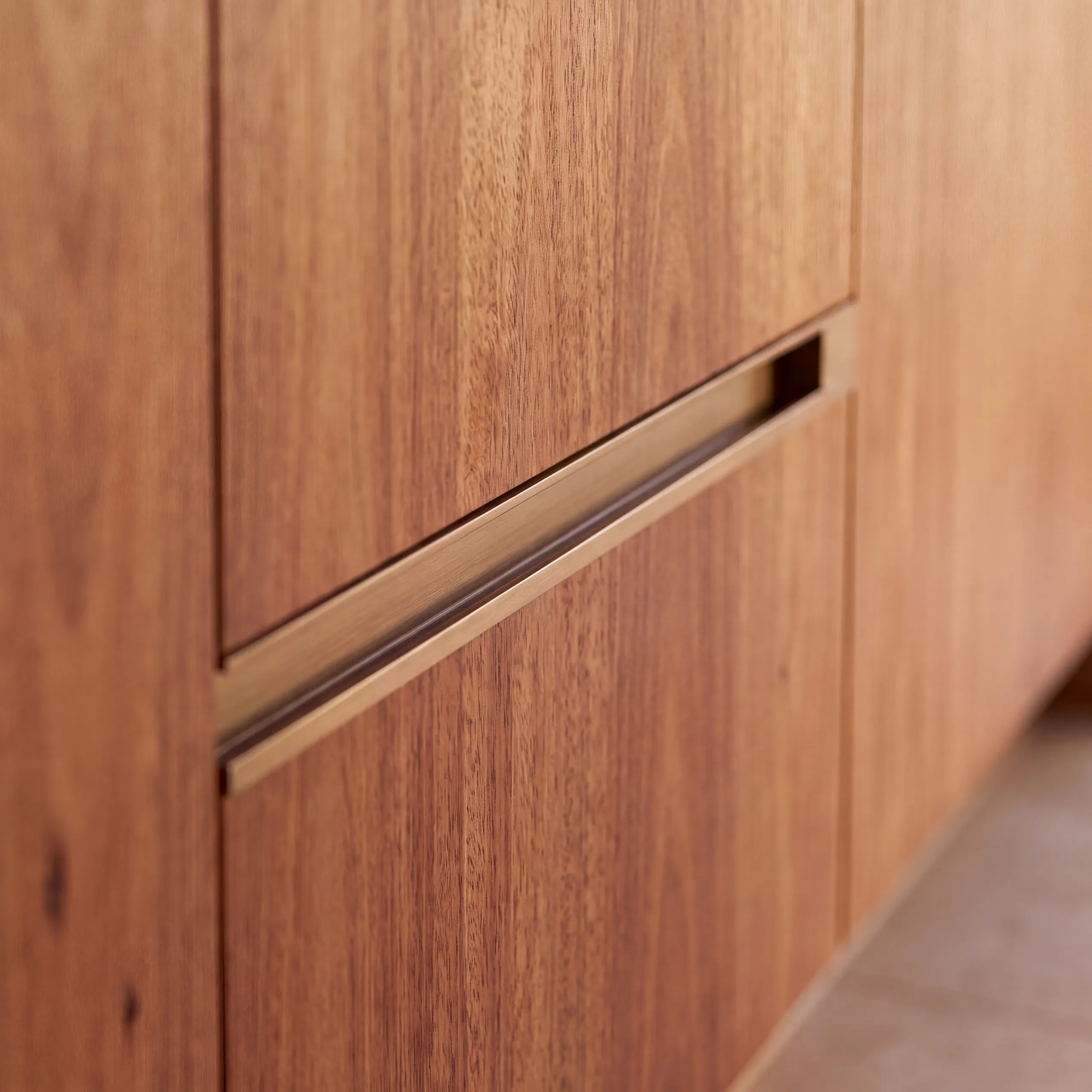 Spotted gum cabinetry with a recessed finger pull and bronze edge