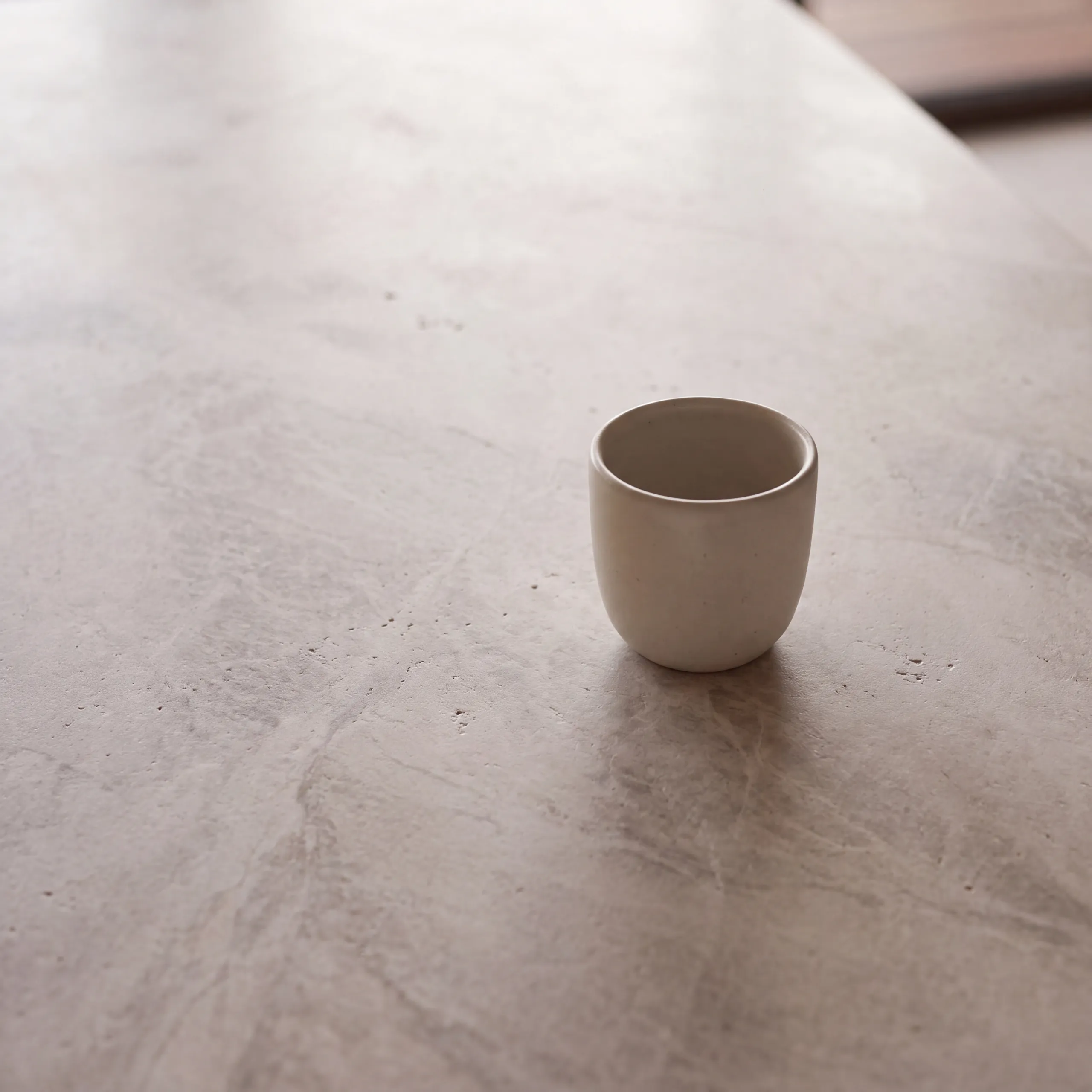 Honed limestone benchtop in soft afternoon light, the flat face and its veining, a ceramic cup for scale