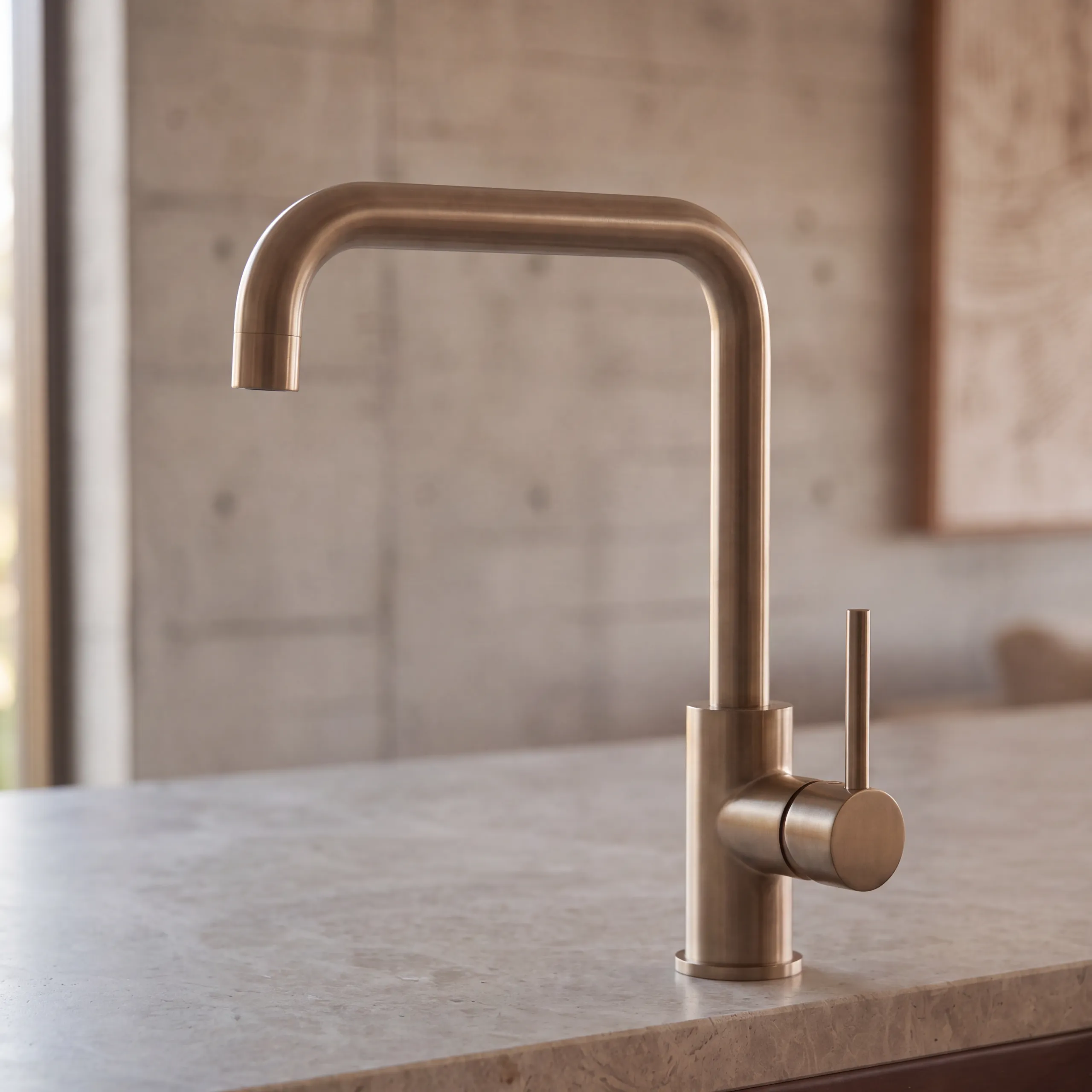 Satin bronze kitchen mixer against the limestone benchtop