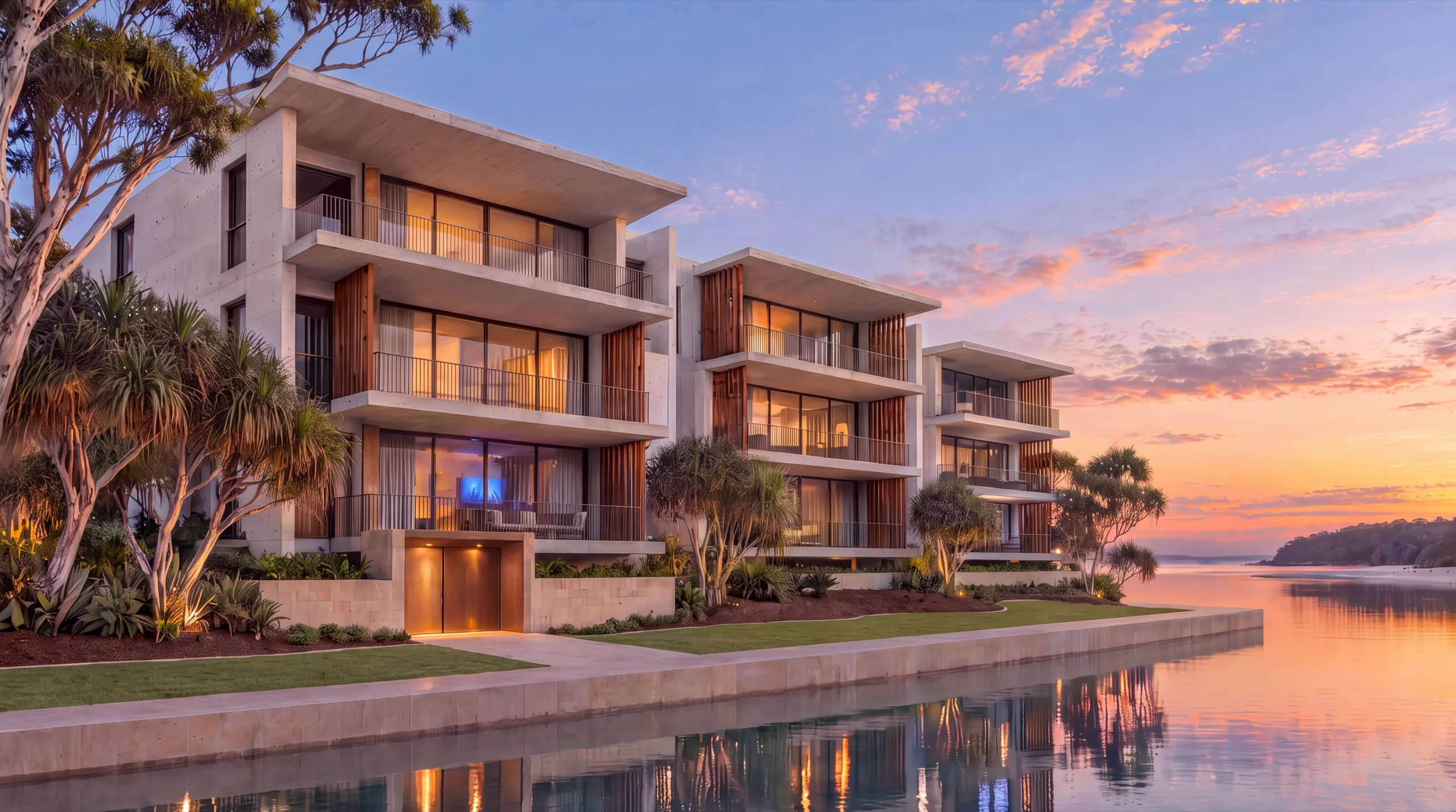 Dusk exterior of a three-storey waterfront apartment building stepping down to a tidal creek, interiors lit warm