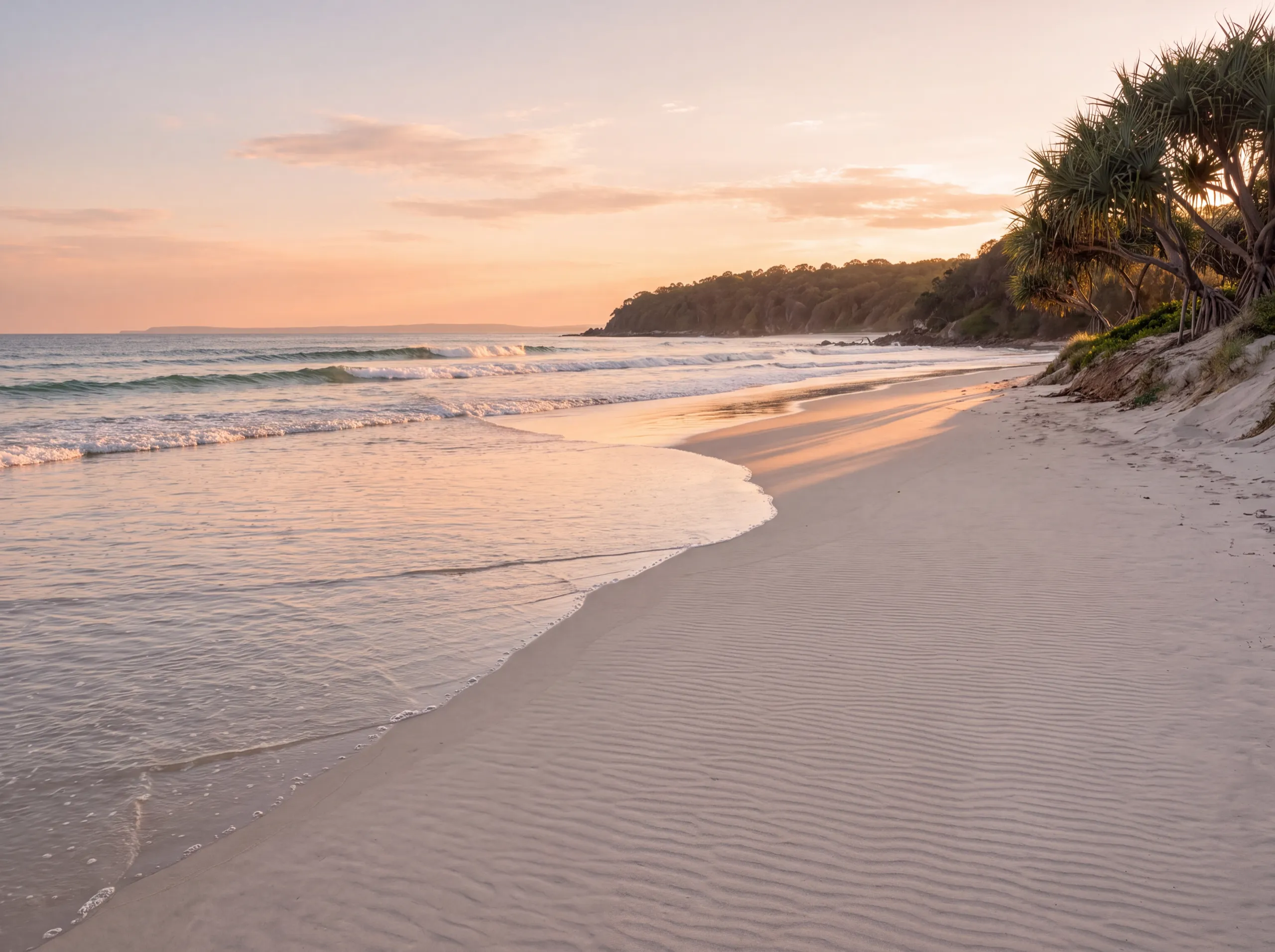 The surf beach past the headland, late afternoon, clear water sliding back over pale sand