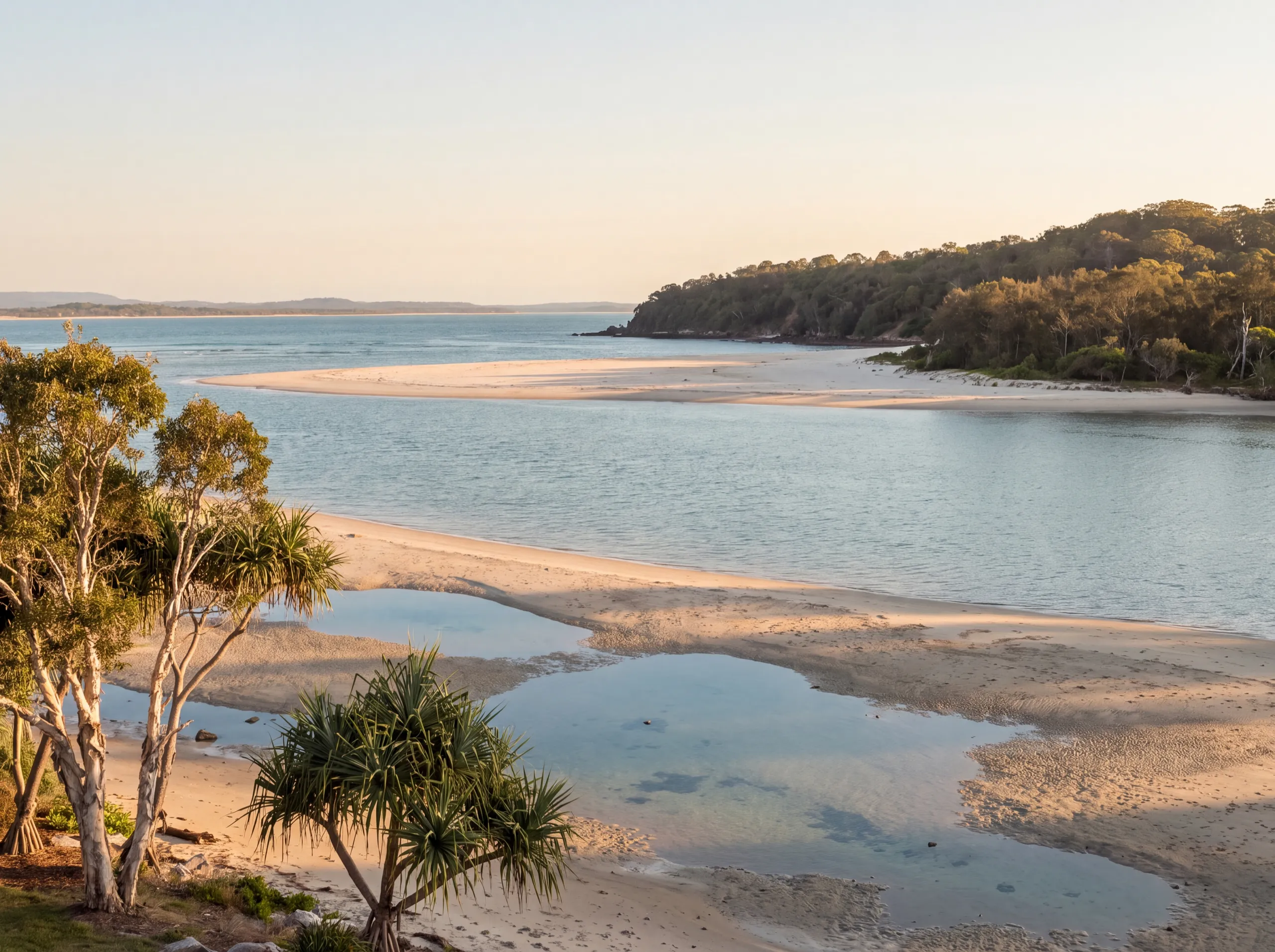 The creek mouth at low tide, sand spit and bushland headland across calm water