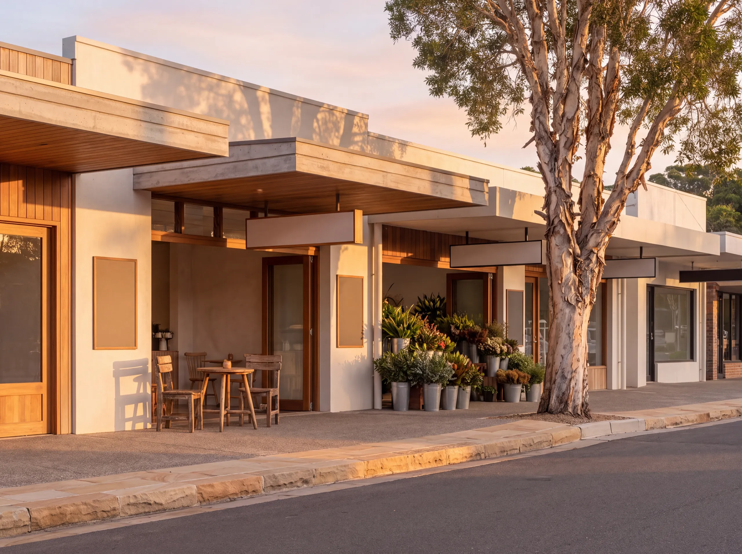 The village shopping strip a short walk away: cafe chairs under a deep awning, a florist, a paperbark on the footpath