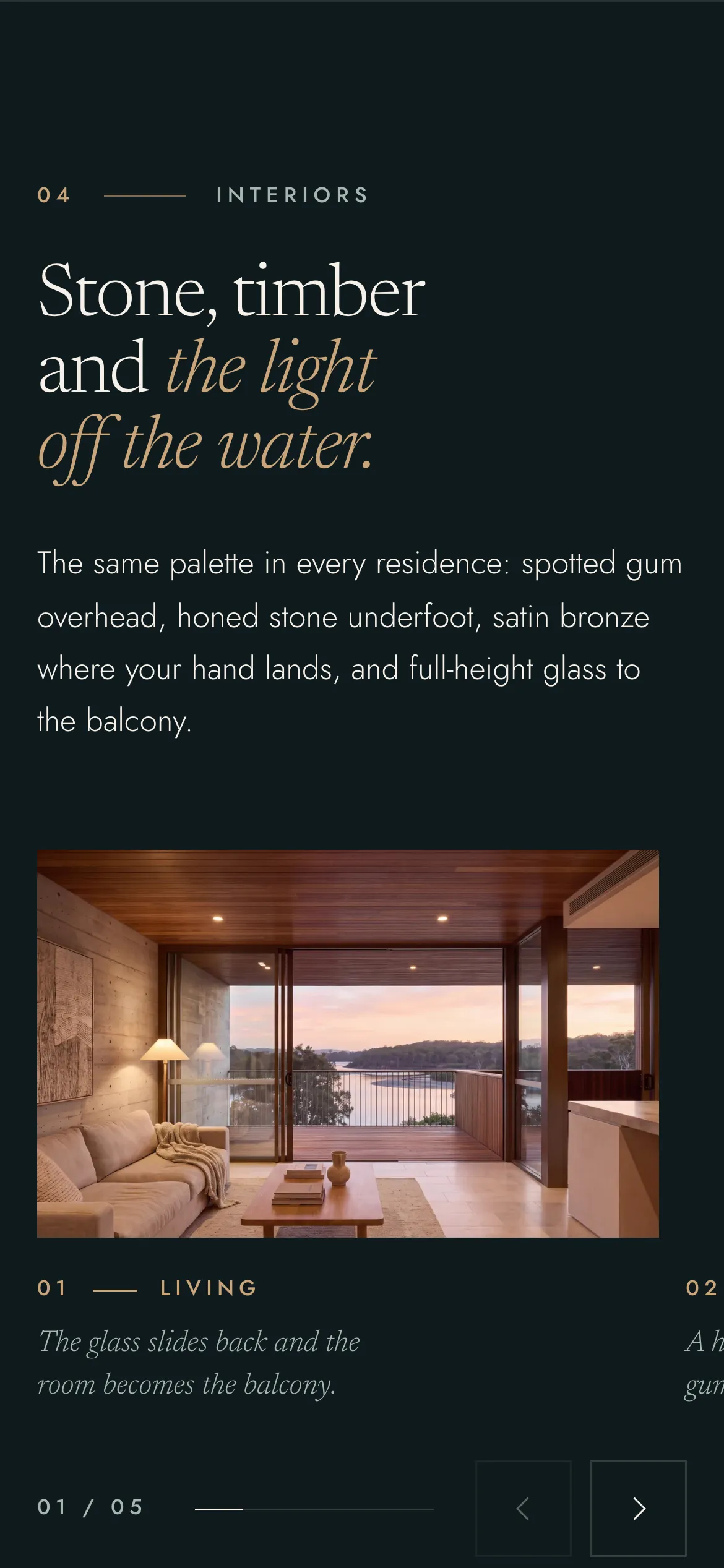The TALLOW site on a phone: the Interiors section, a living room opening onto the balcony and the creek at dusk