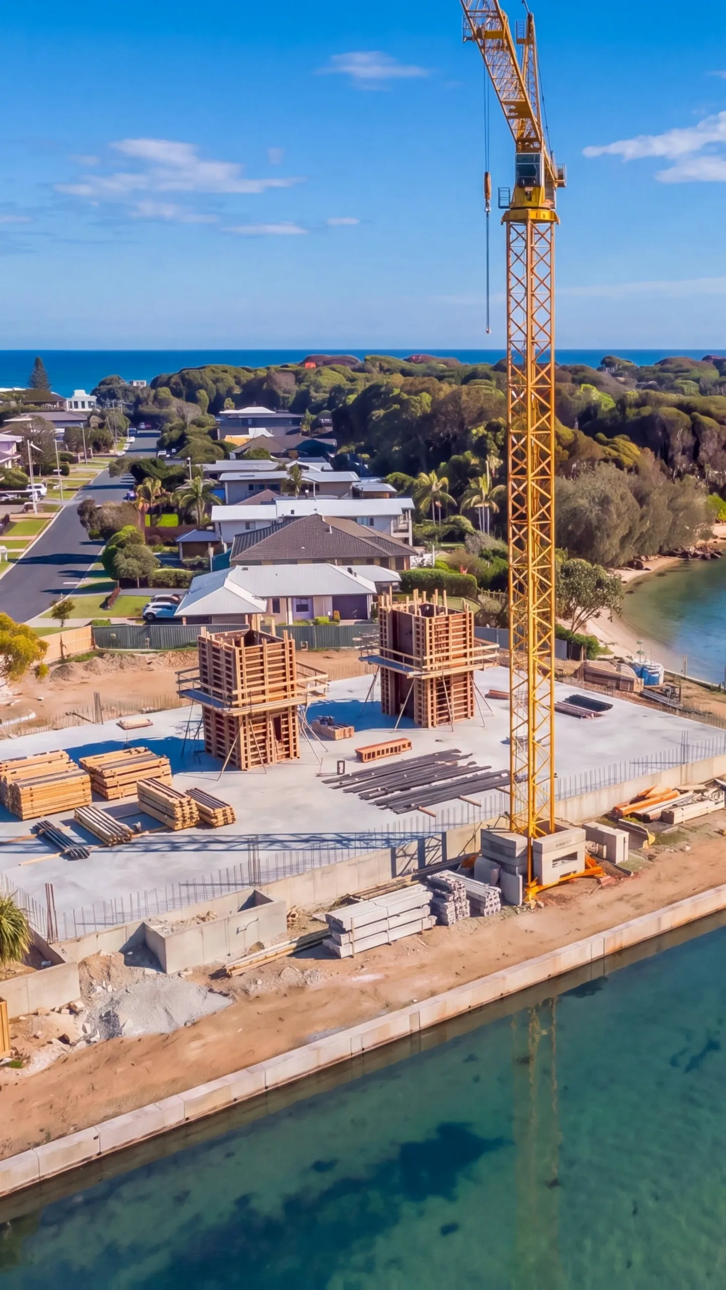 Construction timelapse from a fixed drone: the slab under a tower crane, the concrete frame rising as the sky clouds over, the facade closing in under big cumulus, then the scaffold down, the gardens planted and golden hour