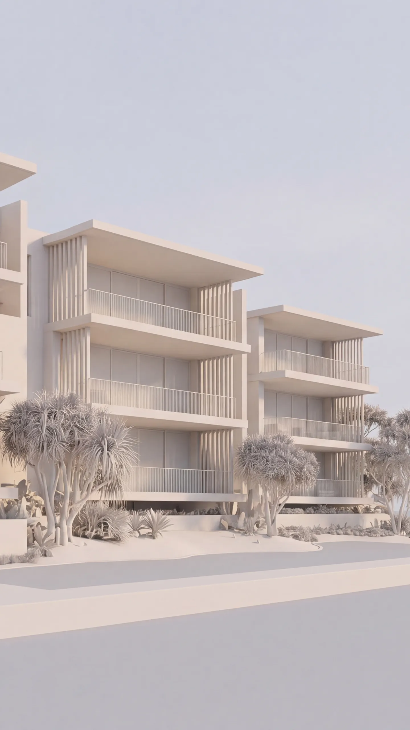 A white clay model of the apartment building wipes across to the finished dusk render from the same camera: timber screens, lit apartments, garden and creek