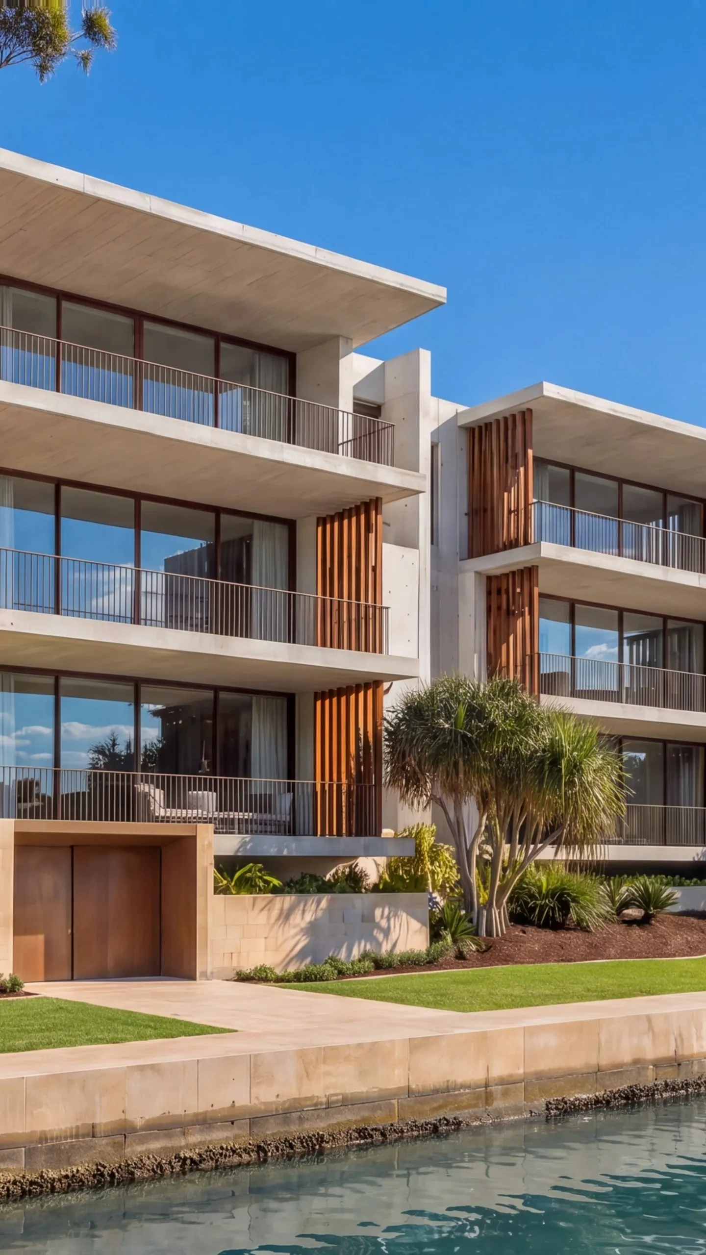 Timelapse of the waterfront apartment building from mid-afternoon to dusk: clouds cross, the tide rises up the sandstone wall, and the apartments light up one by one
