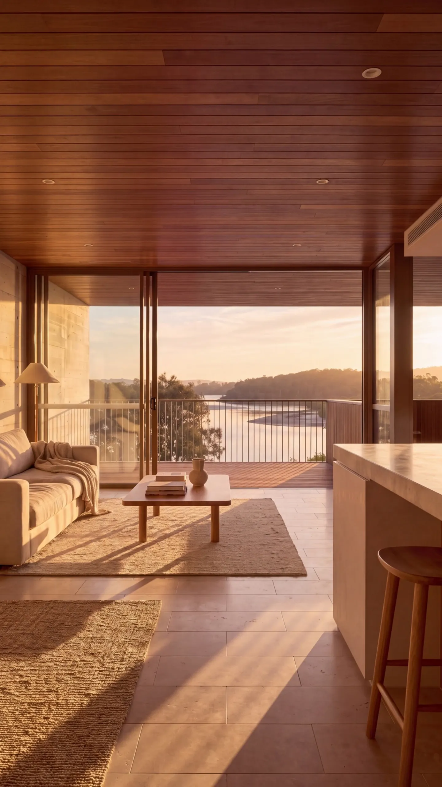 Golden-hour walk-through: gliding from the back of the living room toward the open doors, dissolving into the kitchen past the stone island and timber joinery, and on into the main bedroom to settle on the creek view