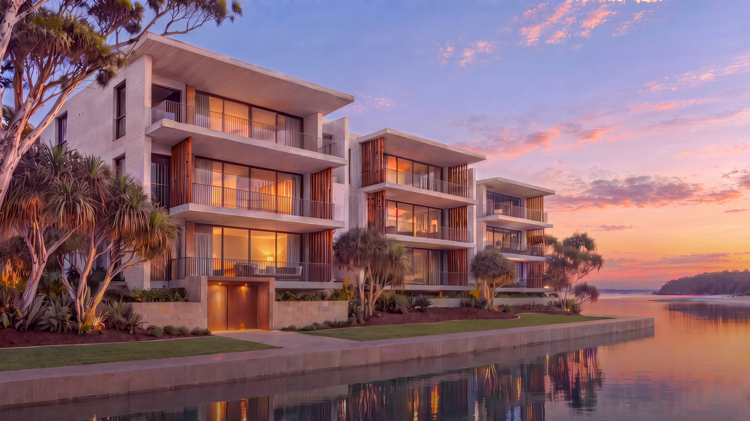 A 30-second property film at dusk: the building from the promenade, arriving at the lit entry, slow moves through the living room, kitchen, dining room, main bedroom and bathroom, then a drone pull-back over the creek and the beach, captioned for sound off