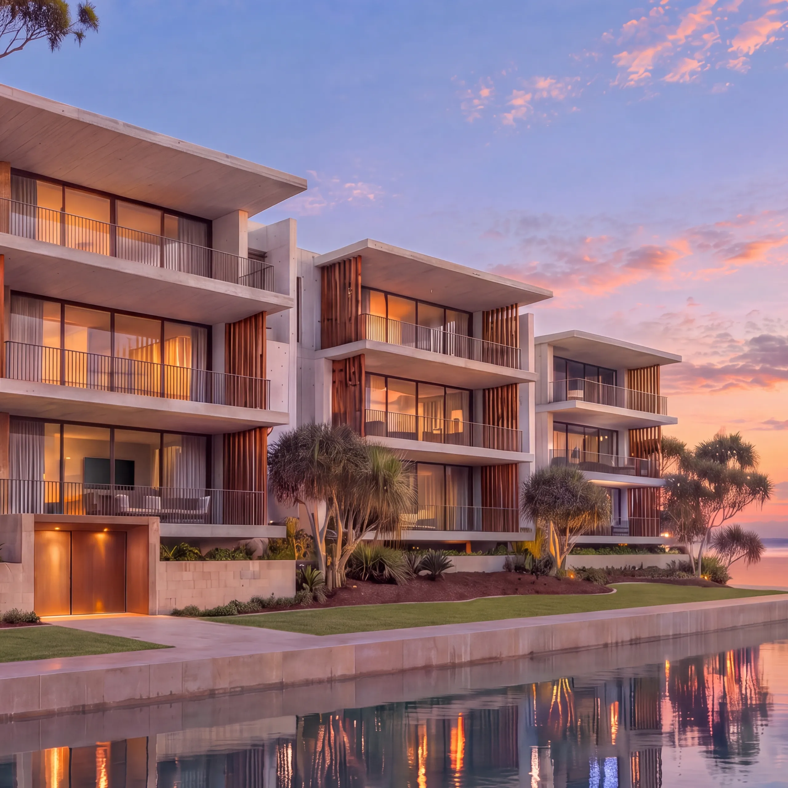 The dusk exterior cropped square: three stepped volumes lit warm, the building reflected in the creek under a rose sky