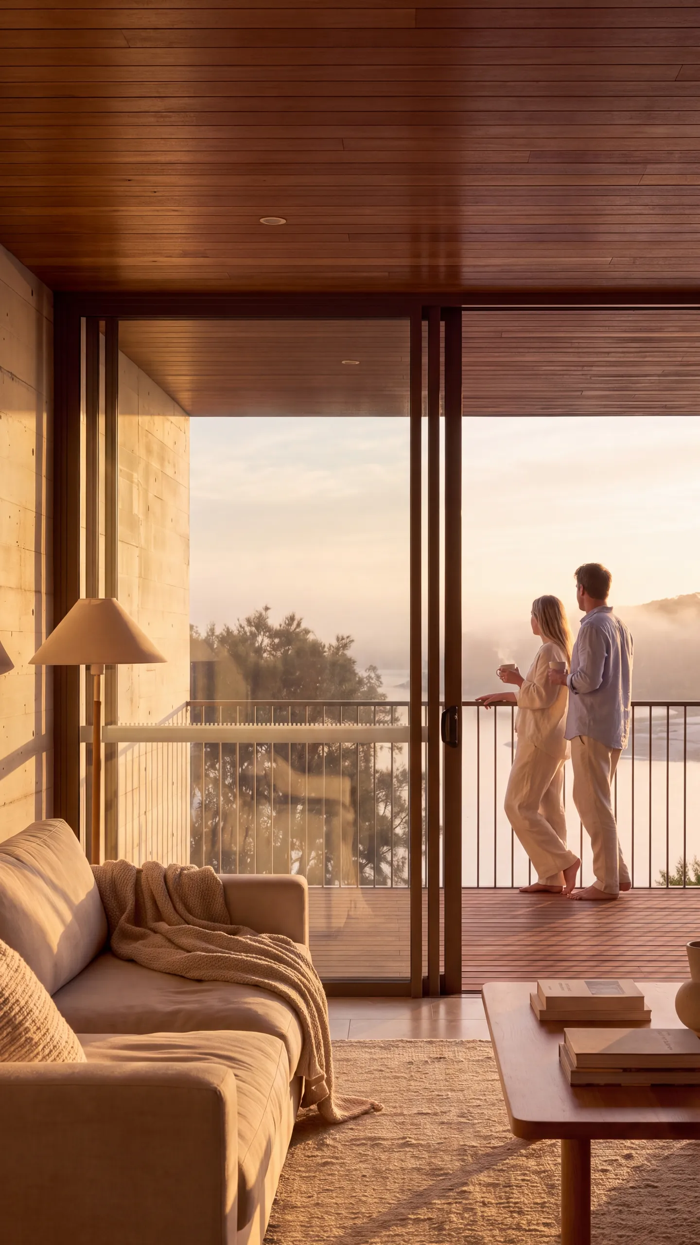 Story two, morning: a couple with coffee at the balustrade of the deck, mist lifting off the creek below