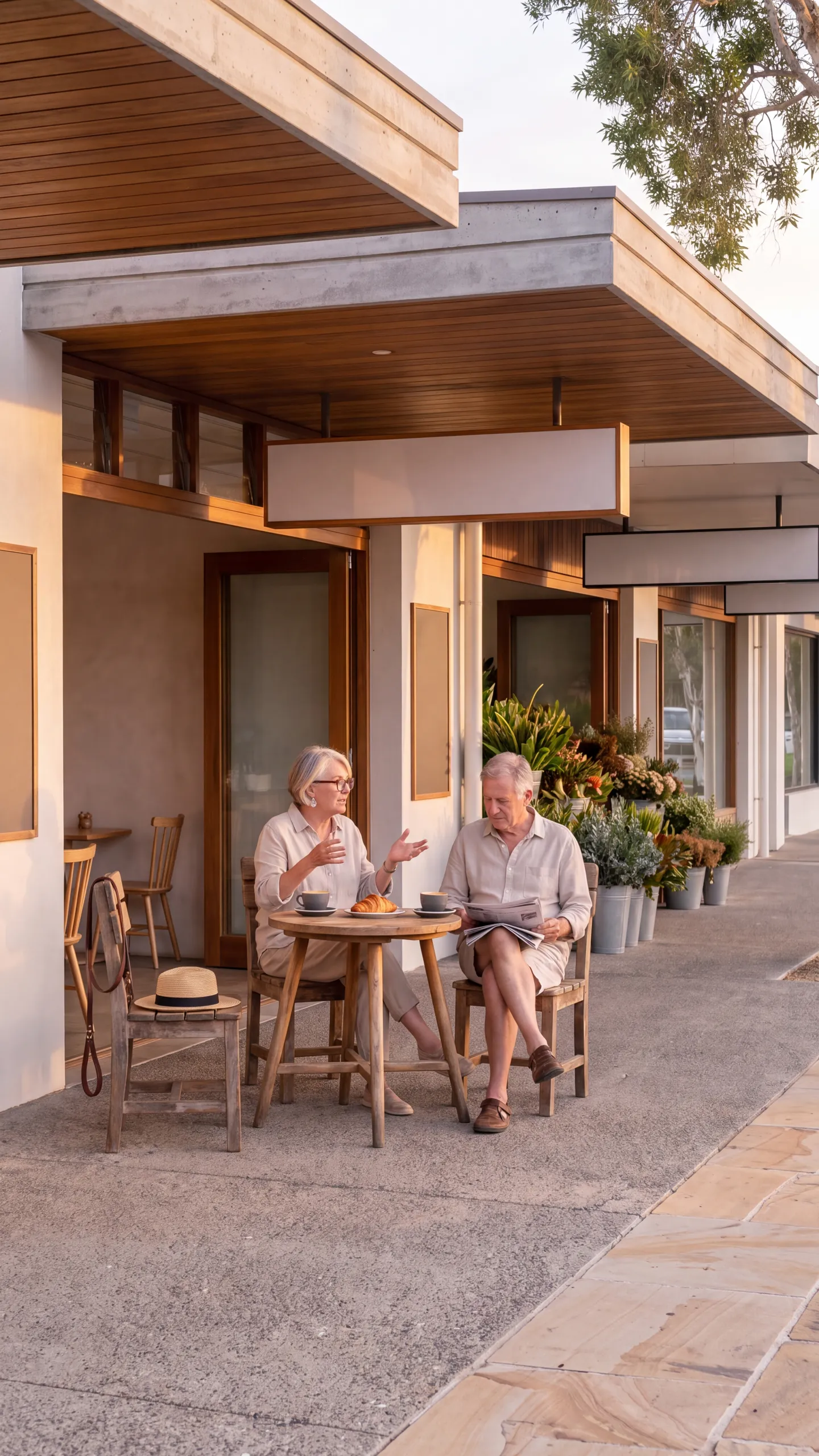 Story four: an older couple over coffee at the village café a short walk away, she mid-sentence, he with the paper on his knee