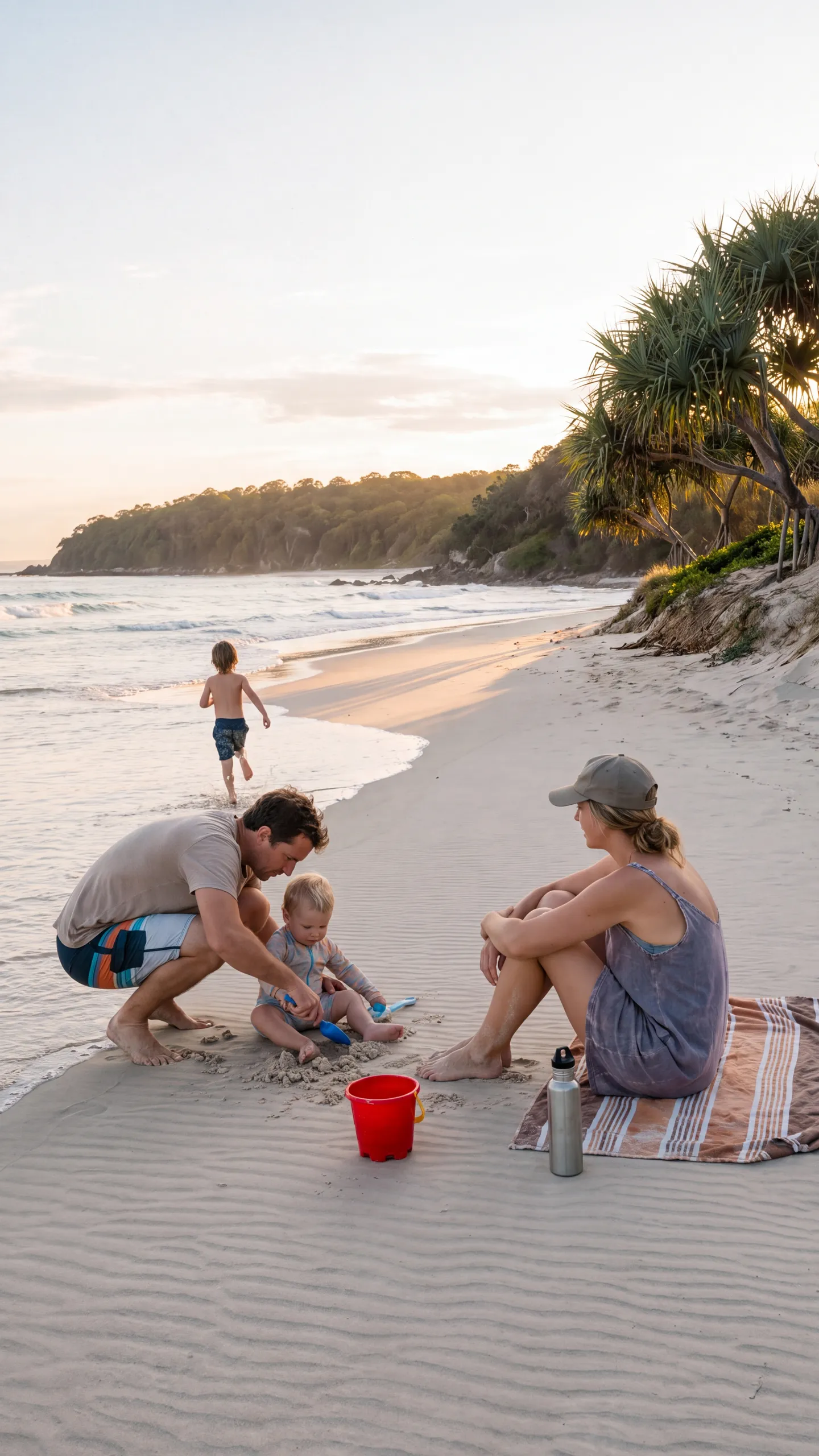 Story five: a family at the local beach in the late afternoon, a father digging in the sand with the toddler, the mother on a towel, the older child running into the wash