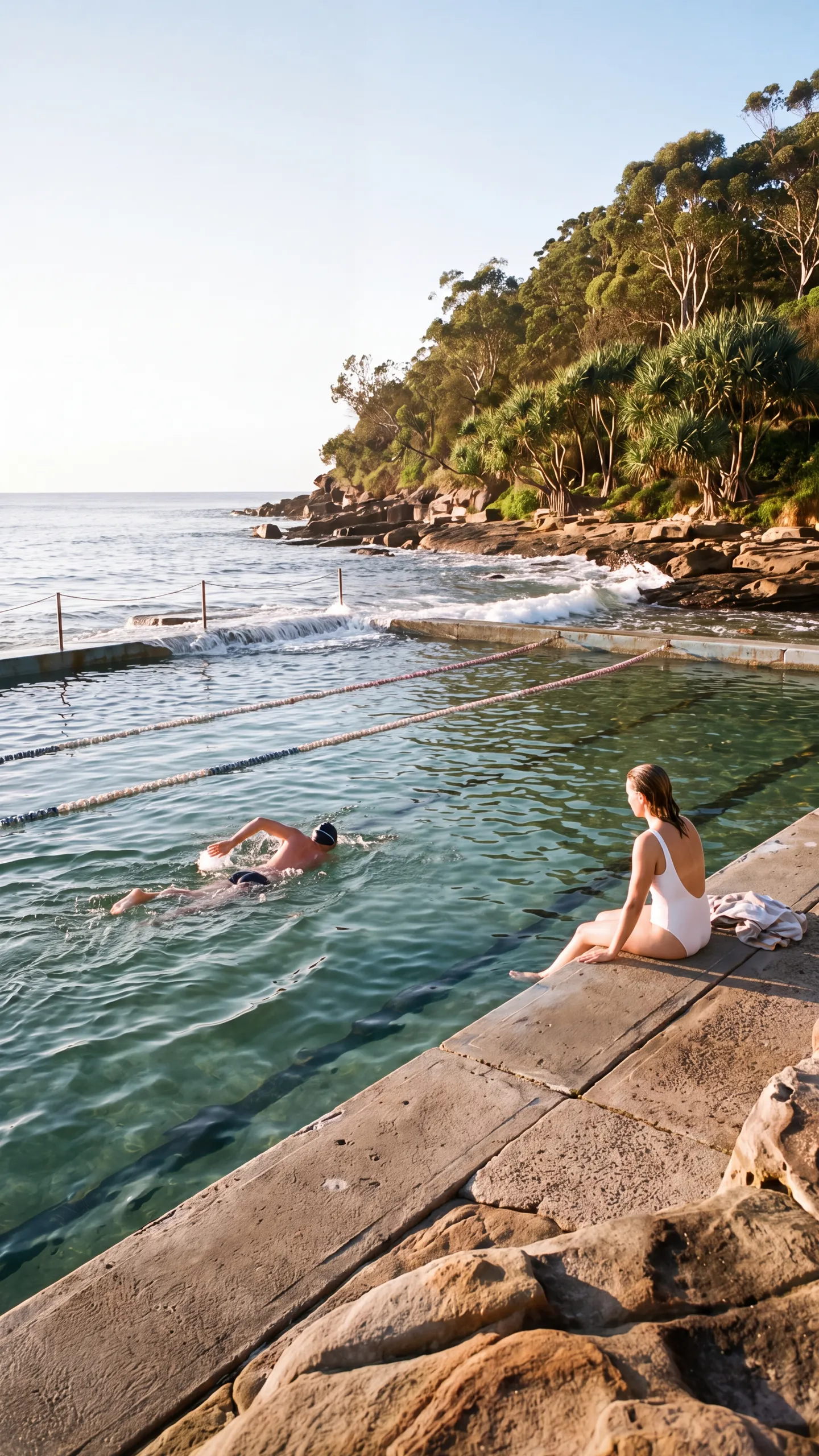 Story six: early laps at the ocean rock pool below the headland, a woman in a white swimsuit on the edge watching her husband swim, waves washing over the far wall