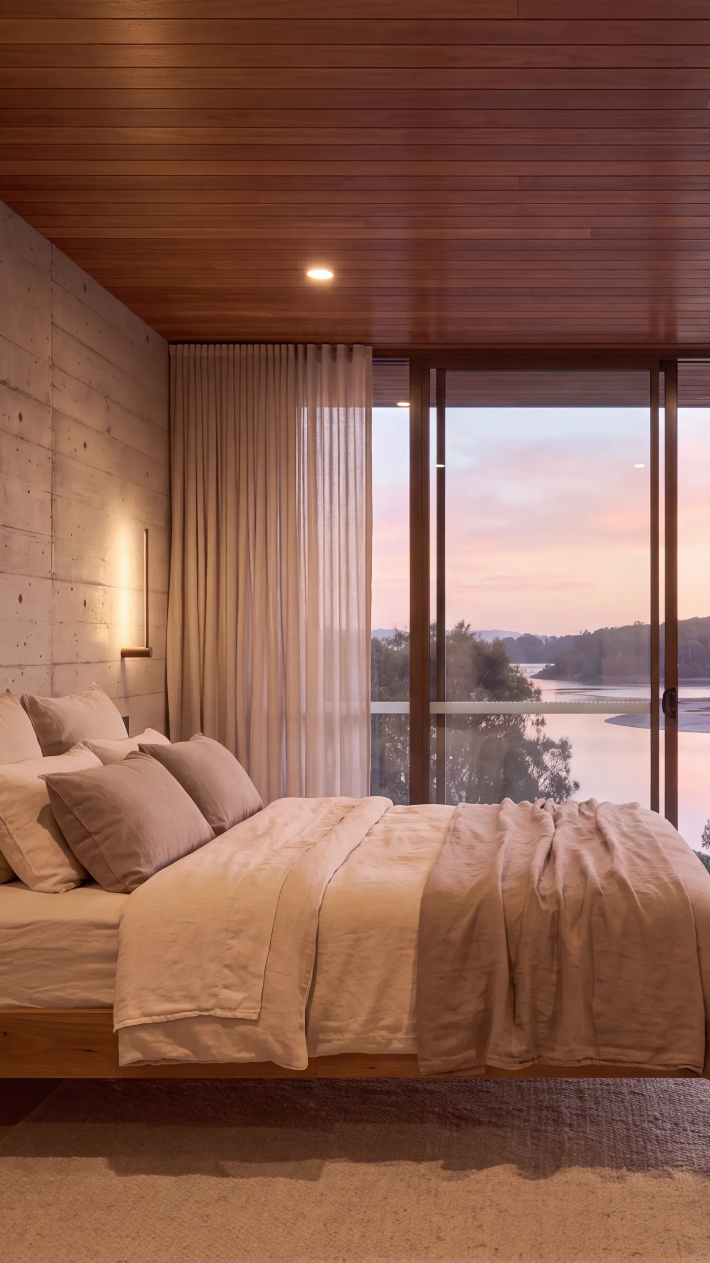 Story seven: the main bedroom at dusk, linen bed against board-marked concrete, the creek through floor-to-ceiling glass