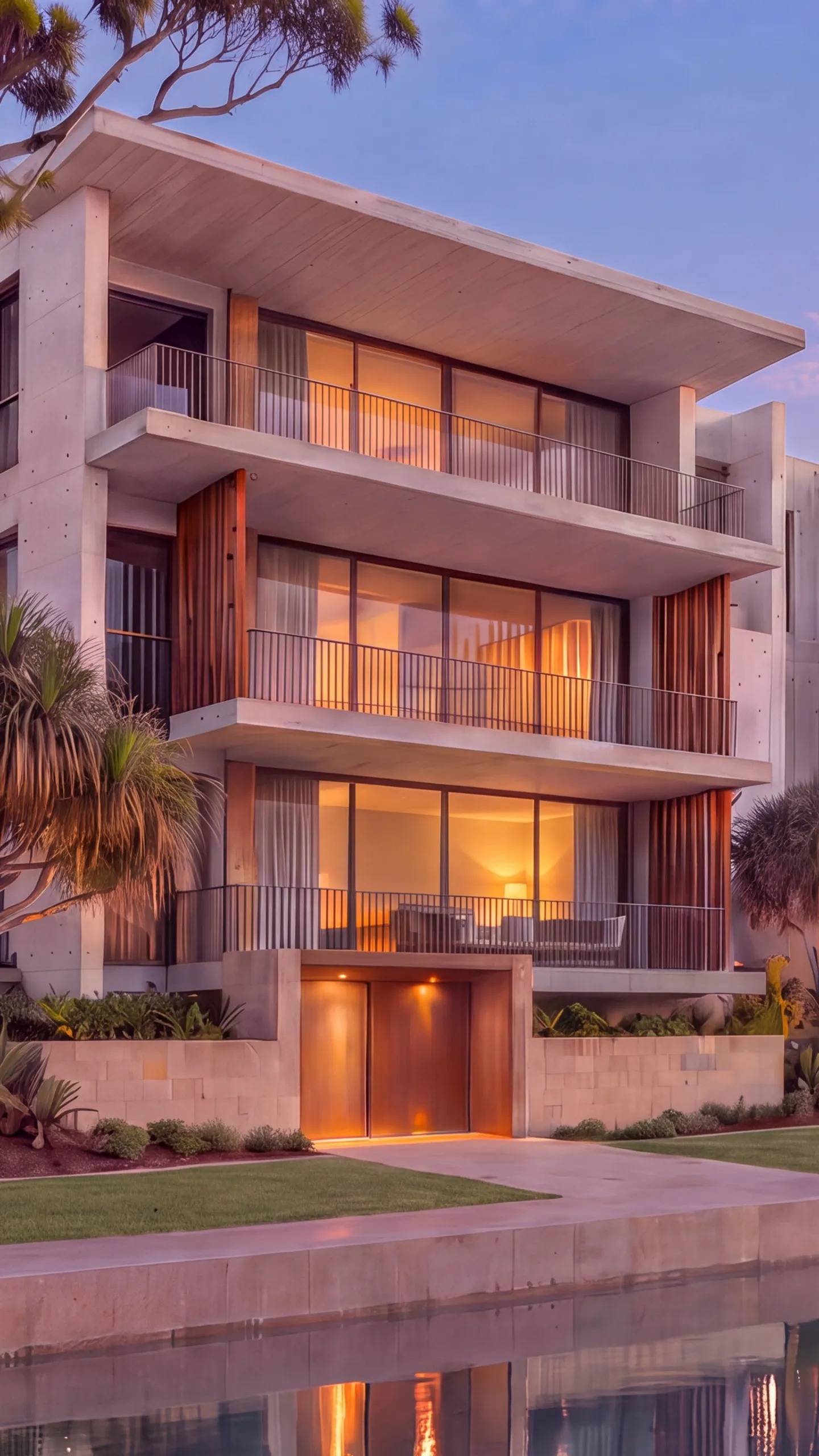 Story eight: the building lit at dusk, timber screens glowing and the entry lights on