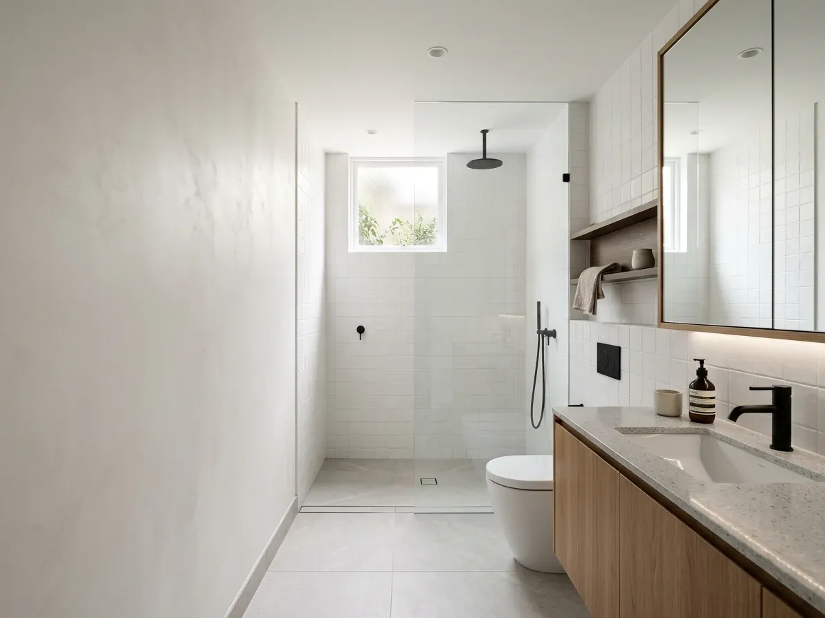 Three-in-a-row bathroom layout with vanity, toilet and shower on one wet wall