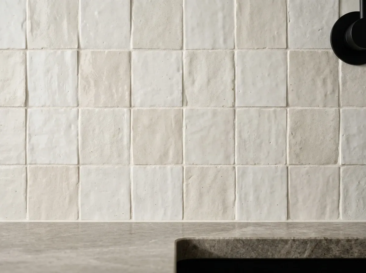 Close-up of a flawless Australian kitchen tile splashback with sharp grout lines and natural daylight raking across the surface