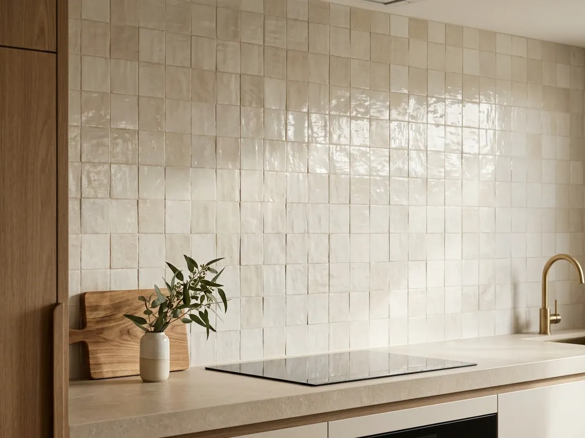 Warm-neutral handmade tile splashback running full height in a contemporary Australian kitchen