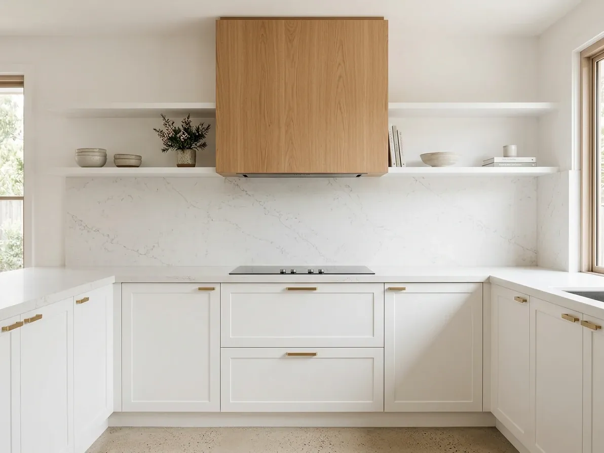 Australian white kitchen with a timber rangehood cover adding warmth and contrast