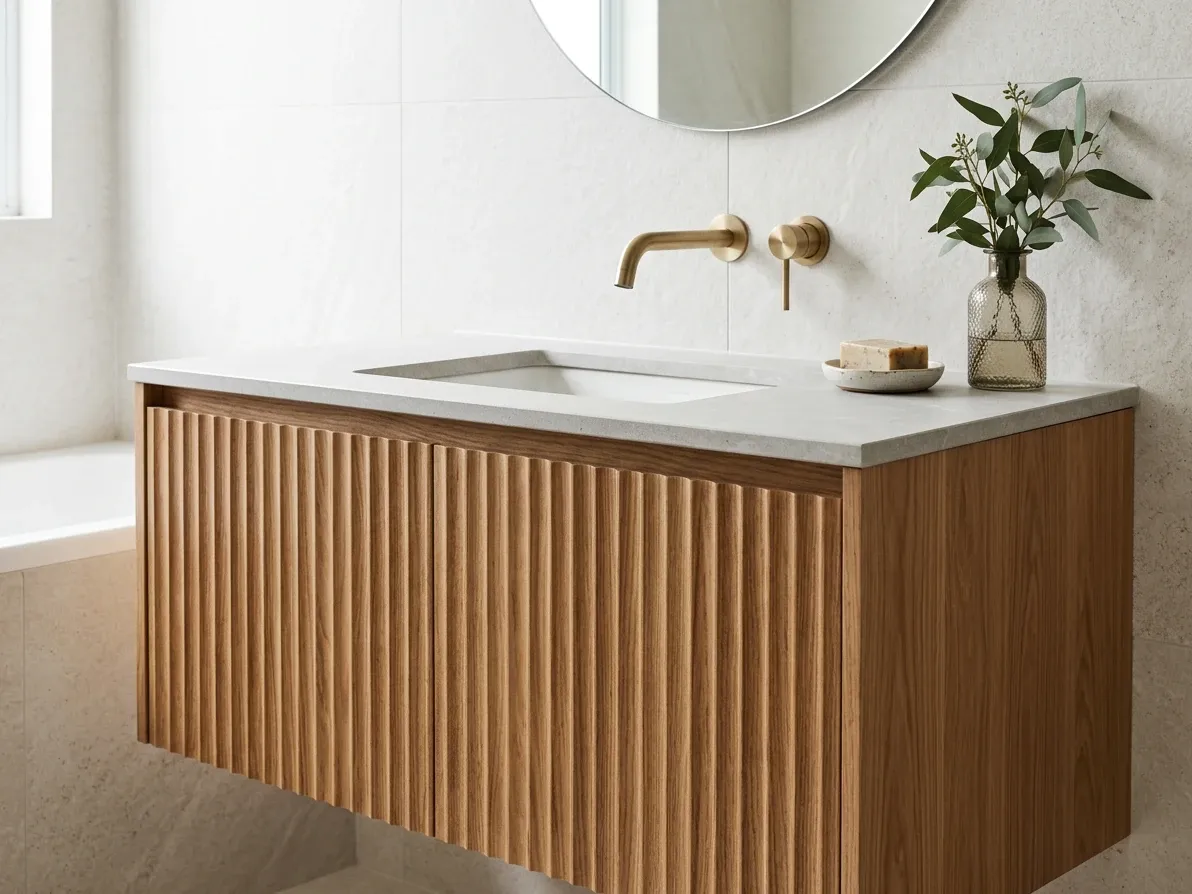 Warm solid timber bathroom vanity cabinet in an Australian bathroom