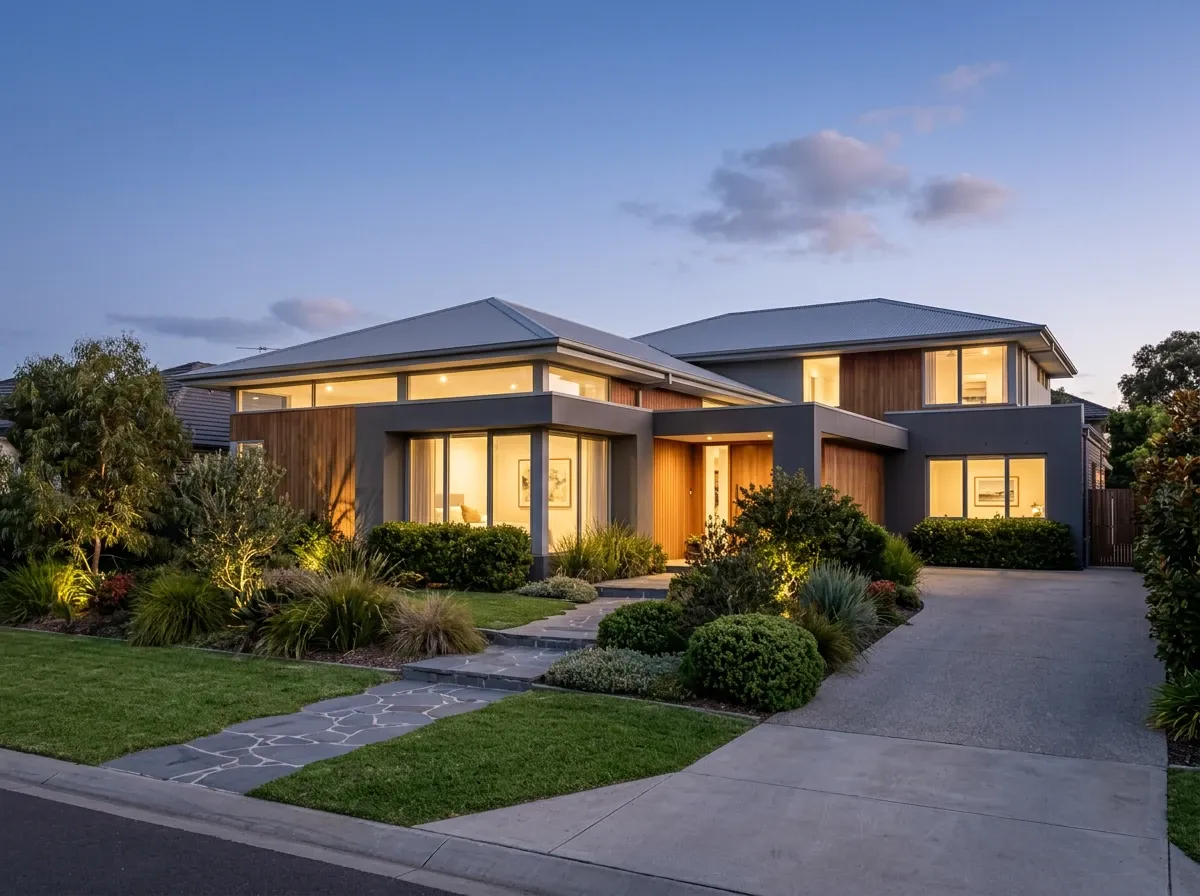 Campaign-ready twilight exterior of a premium Australian home with warm interior glow, immaculate front garden and no clutter
