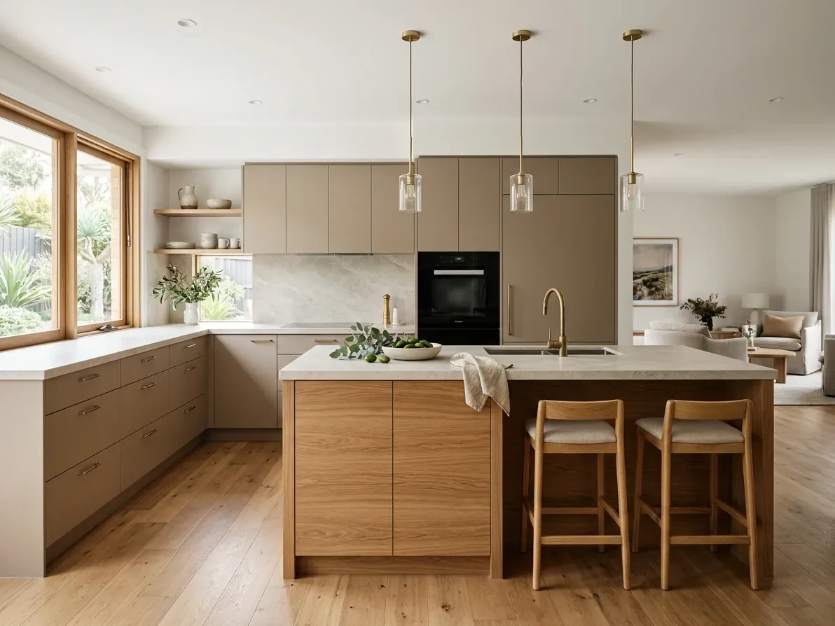 Australian kitchen with warm-neutral perimeter cabinetry and a timber-veneer contrasting island