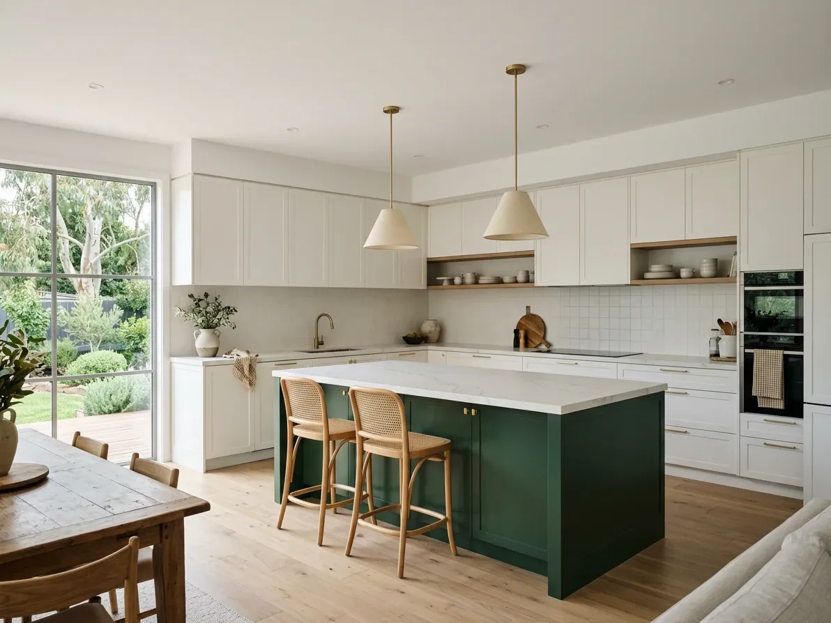 Australian white kitchen perimeter with a coloured island adding focal contrast