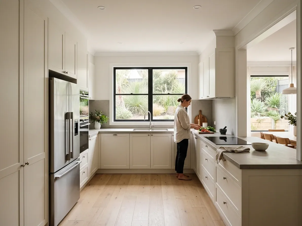 U-shaped kitchen with cabinetry on three walls in a defined Australian kitchen room