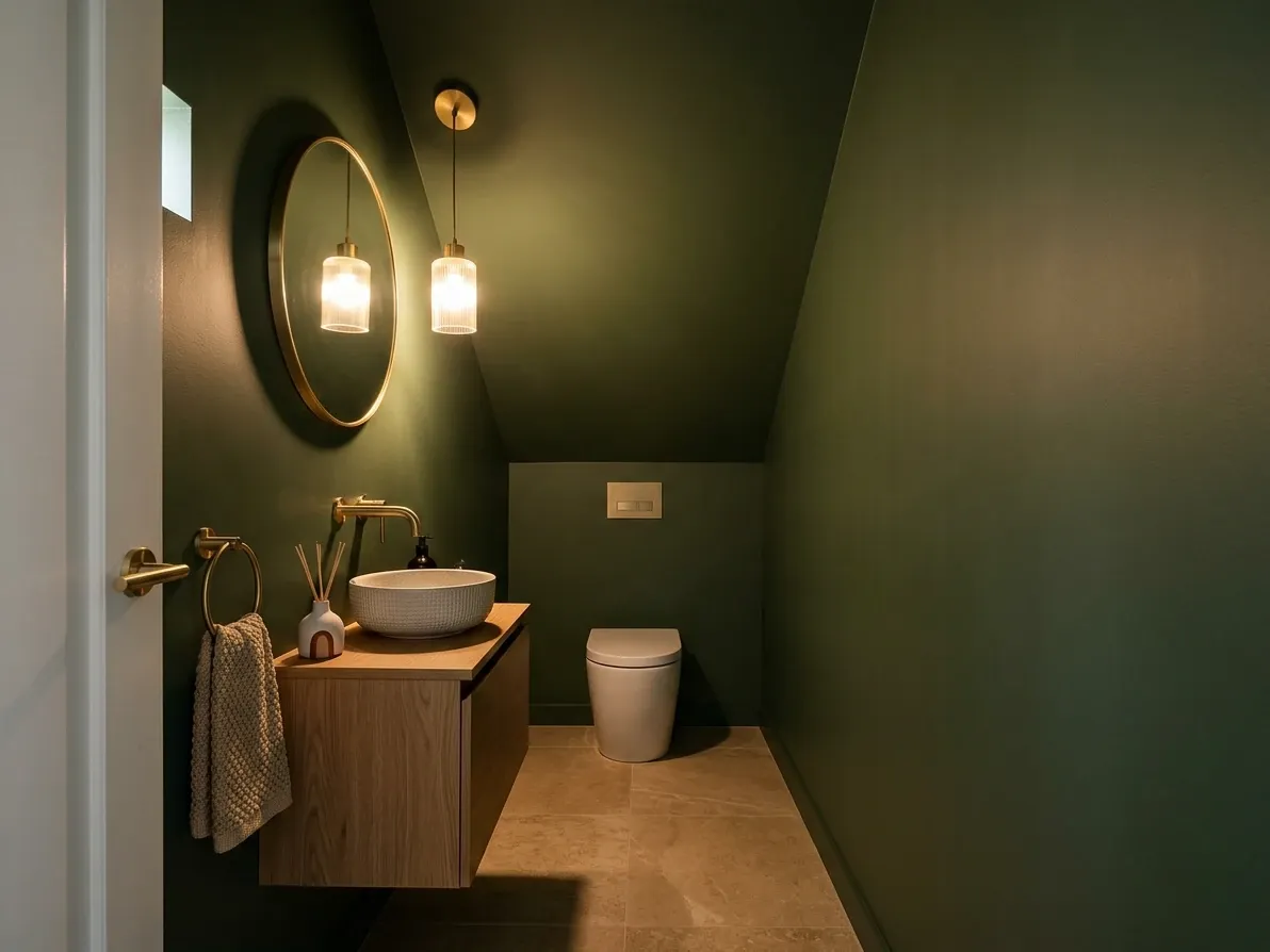 An under-stair powder room with the toilet at the lower end of the slope and the basin near the door