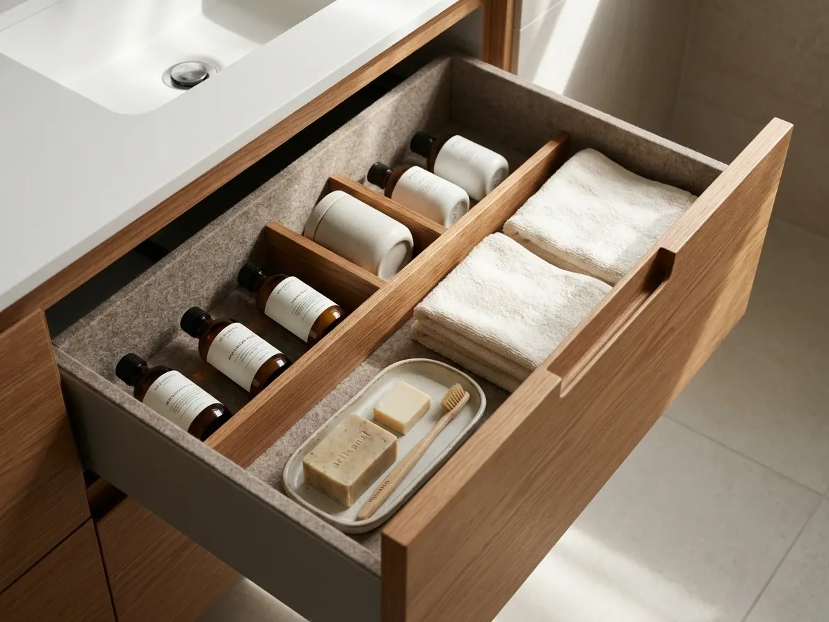 Open bathroom vanity drawer showing organised daily storage