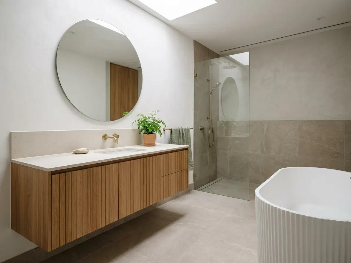 Bathroom vanity setting the visual centre of a well-proportioned Australian bathroom