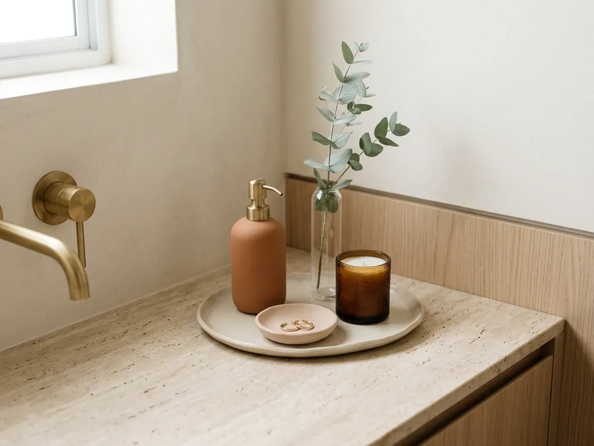 Styled Australian bathroom vanity with tray, candle, decanted soap and a single stem of greenery