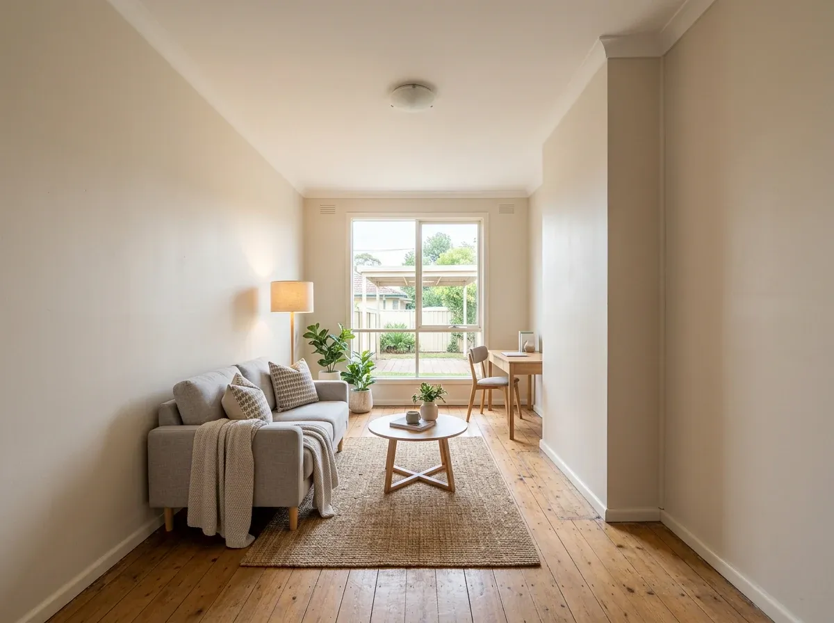 Awkwardly proportioned Australian room, tastefully virtually staged to show staging limits