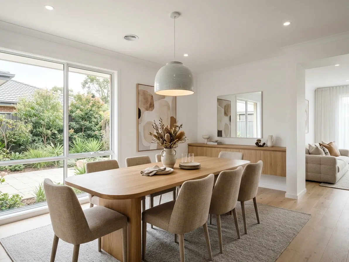 Virtually staged dining room in a mid-market Australian home, listing-ready with a six-seat table and neutral styling